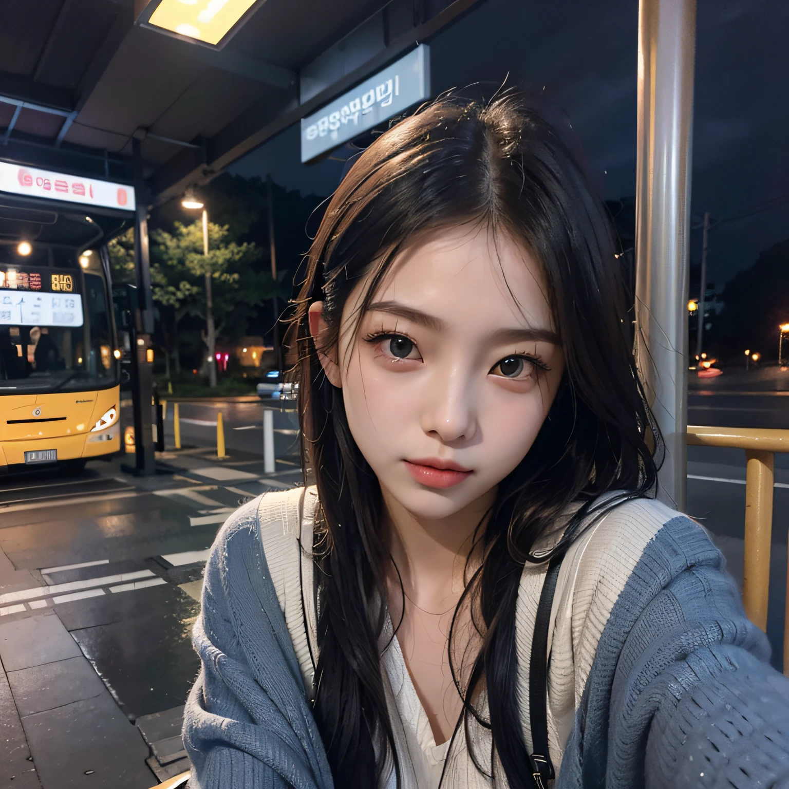 (1womanl)、(Super beautiful)、(beautiful face:1.7)、Rainy evening at a bus stop、in Seoul, wearing a backpack