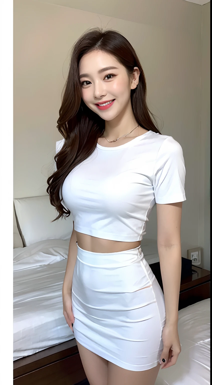 White tight shirt、White tight mini skirt、a bed、a smile、shortsleeves、high-level image quality