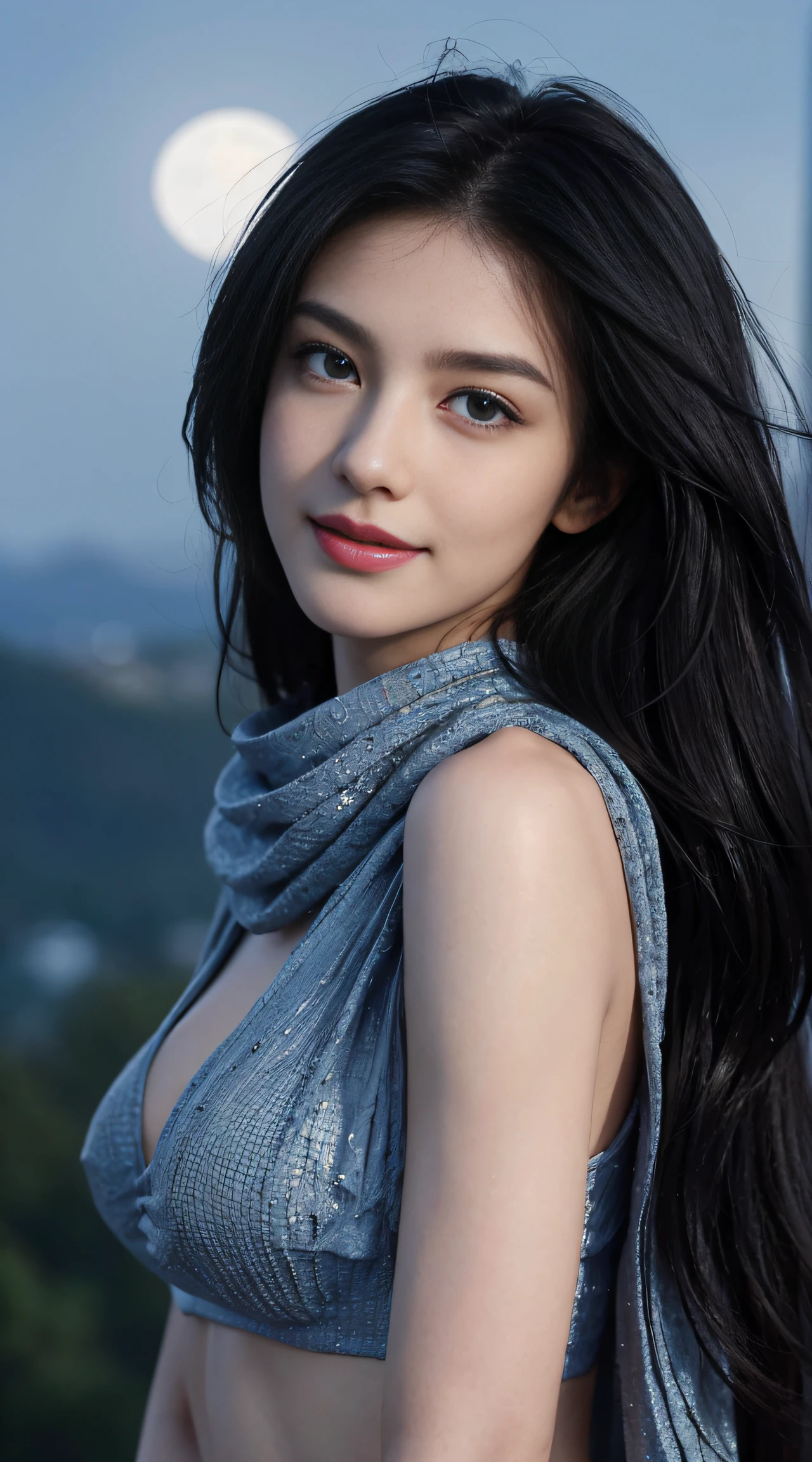 8K, Top Quality, Intricate Details, Ultra Detail, Ultra High Resolution, Masterpiece, random angle, Slender, Smile, (Makeup: 0.4), (Fluffy Blue Eyes: 1.21), blue Eyes, looking at viewer, ((full body)), 1girl, solo, 1 girl, (( full body)), close up shot, , ((tall)), (((fit body))), (((slim face))), sharp face, sharp eyes, (((black hair, long hair, )) , (detailed face), sharp face, small lips, windy ,
(( )), ((shawl)), detailed face, detailed breast, , large breast, detail ass, , Beautiful girl with accentuated slender abs: 1.4, Six Pack Abs: 1.4, Bust Botox, Big, Perfect Body, detail leg, (( moonlight)), top of mountain