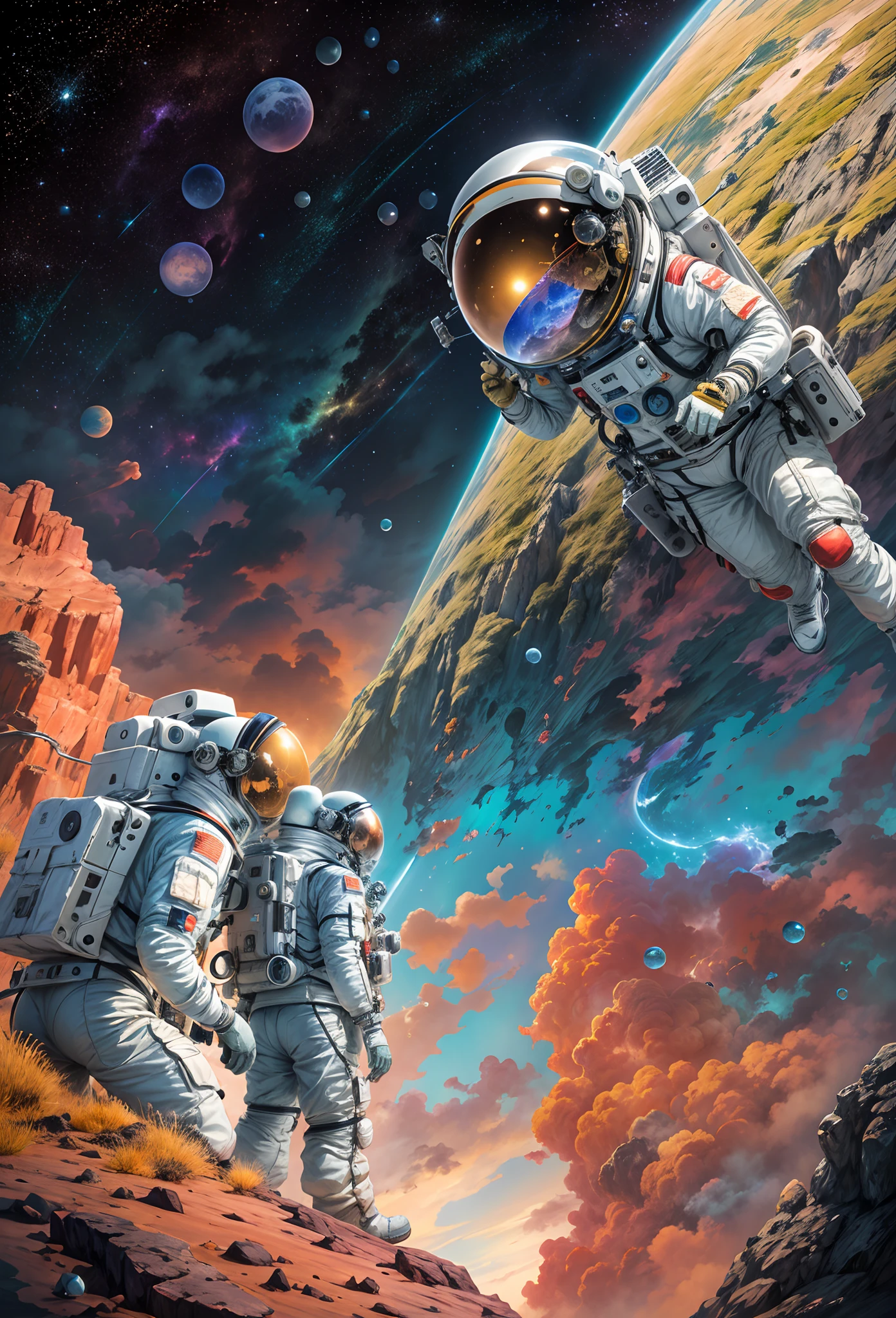 (close-up,Best quality,4K,8K,A high resolution,Masterpiece:1.2),Ultra-detailed,(Realistic,Photorealistic,photo-realistic:1.37),Exotic dreamy landscape, (Distant planetary sky, A man wearing a blue spacesuit made of cutting-edge technology of the future, Close-up of climbing cliffs on Mars: 1.5), Ringed planets floating in the sky,illustration, bright and shining stars, Stunning galactic background,A feeling of mystery and tranquility,Magical atmosphere, A happy and peaceful scene,Surreal and ethereal colors,Textured landscape,Otherworldly environment, Magnificent view,Hazy and mysterious atmosphere,Dramatic lighting and shadows, Unique rock formations,A thrilling sense of adventure,Awe-inspiring natural wonders, Grandeur and sense of scale, Endless exploration possibilities,spacesuit,DonMPl4sm4T3chXL,(Chinese high-tech spacesuit,High-detail spacesuit,China's next generation of astronauts)@Goodbye ideal