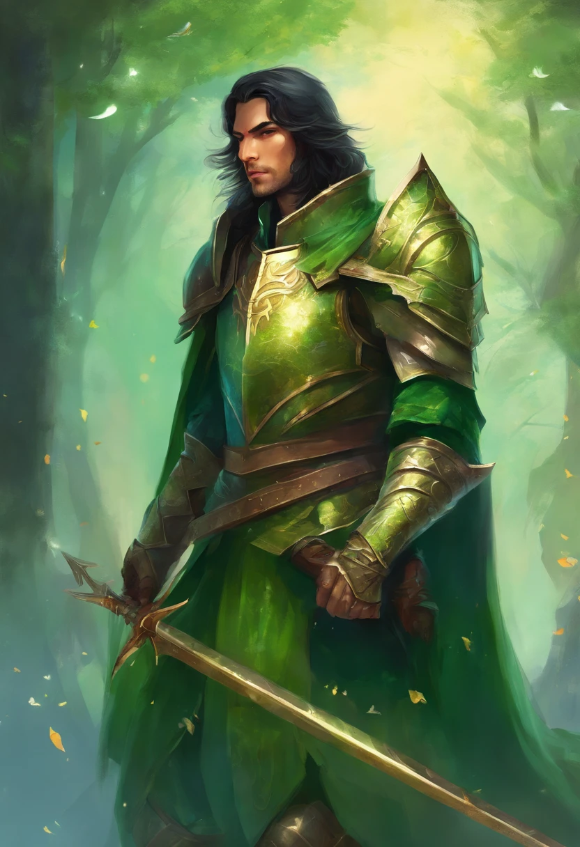 Medieval knight. He wears green armor. A helmet that covers the face. long black hair