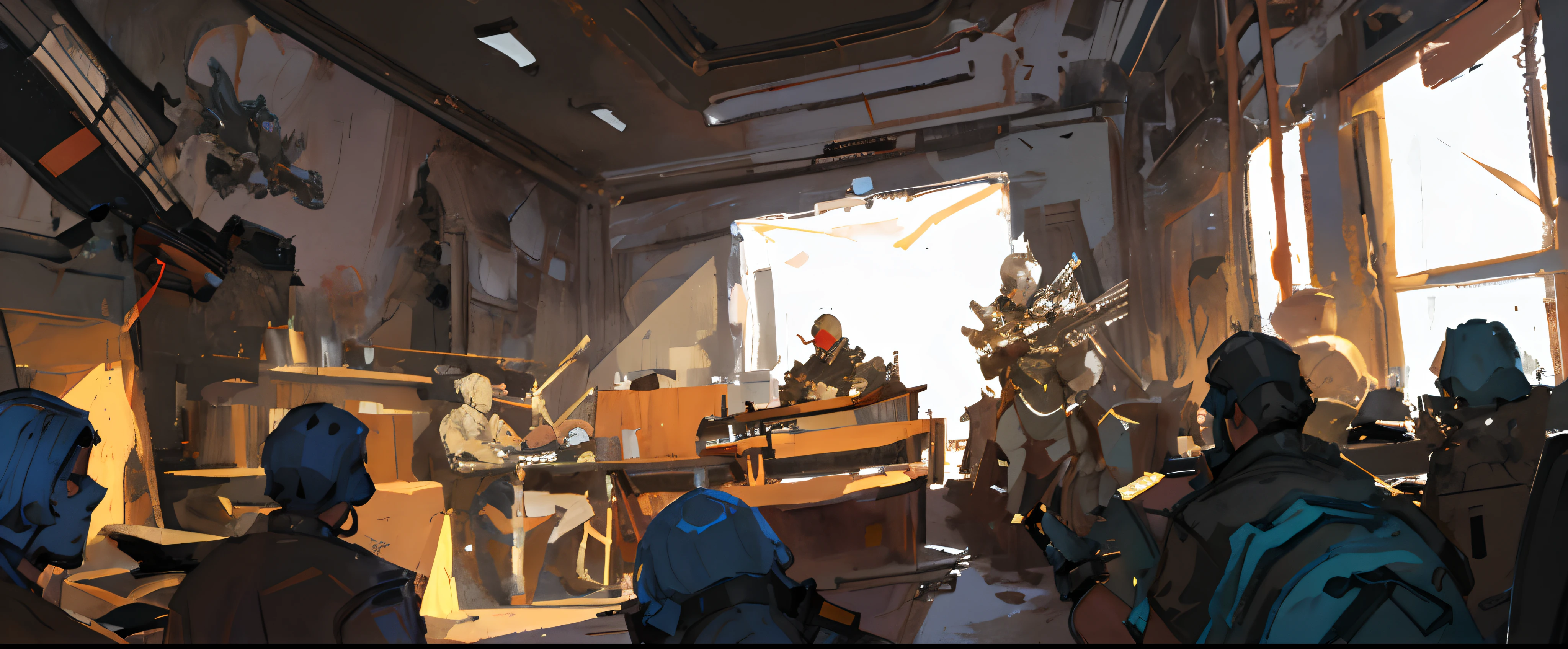 A group of men sitting on stools watch the figure in the center,The picture shows fallen bodies,Rough sketch, Rich colors,Extremely tense composition,detailed but rough, concept art sketch, concept art scene, concept-art!, concept piece, concept art for a video game, keyframe illustration, line work concept art, dead bodies in the background, concept sketches, dissection sketch, Line sketch, concept-art!!, full page illustration