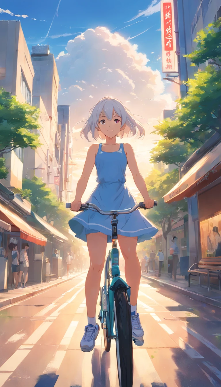 best qualtiy, tmasterpiece, 超高分辨率, realisticlying, 1 girl,(long white hair),Heterochromic pupils,(ssmile)(Riding a bicycle),sexy dress,athletic sneakers,parks,wide angles