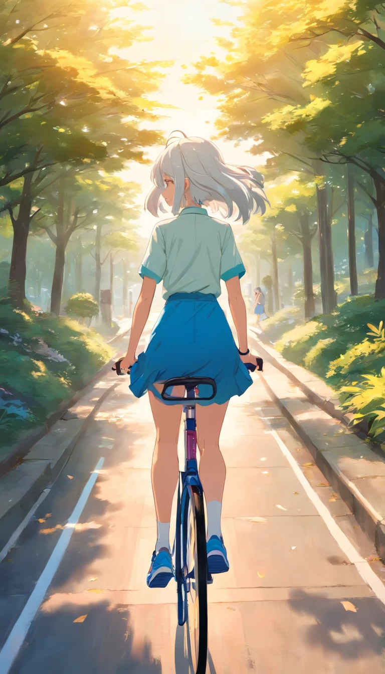 best qualtiy, tmasterpiece, 超高分辨率, realisticlying, 1 girl,(long white hair),Heterochromic pupils,(ssmile)(Riding a bicycle),sexy dress,athletic sneakers,parks,wide angles