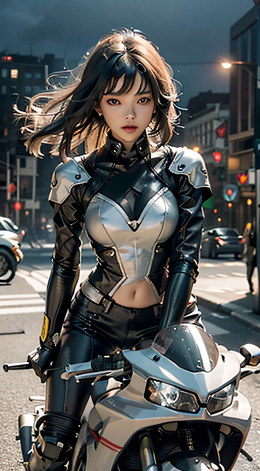 Highest image quality，Excellent details，超A high resolution，（Fidelity：1.4），The best illustrations，Favor the details，Highly cohesive 1girl，He has a delicate and beautiful face，Silver-gray mech fuselage，Hold the direction controller，riding motorcycles，the background is a high-tech lighting scene of the city of the future。