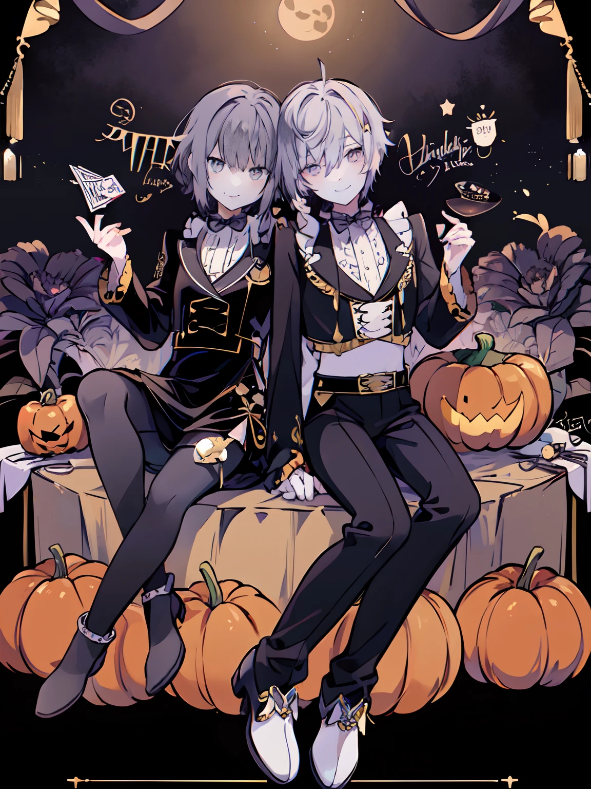 (2man),(playing card),many many card flying, masterpiece, ULTRA DETAILED,(2male relationship),modern art style,fullbody,keeping card, grin smiling, 20 years old man,Perfect body,Britain motif, Halloween,pumpkin,black cat motif,purple and black,at night