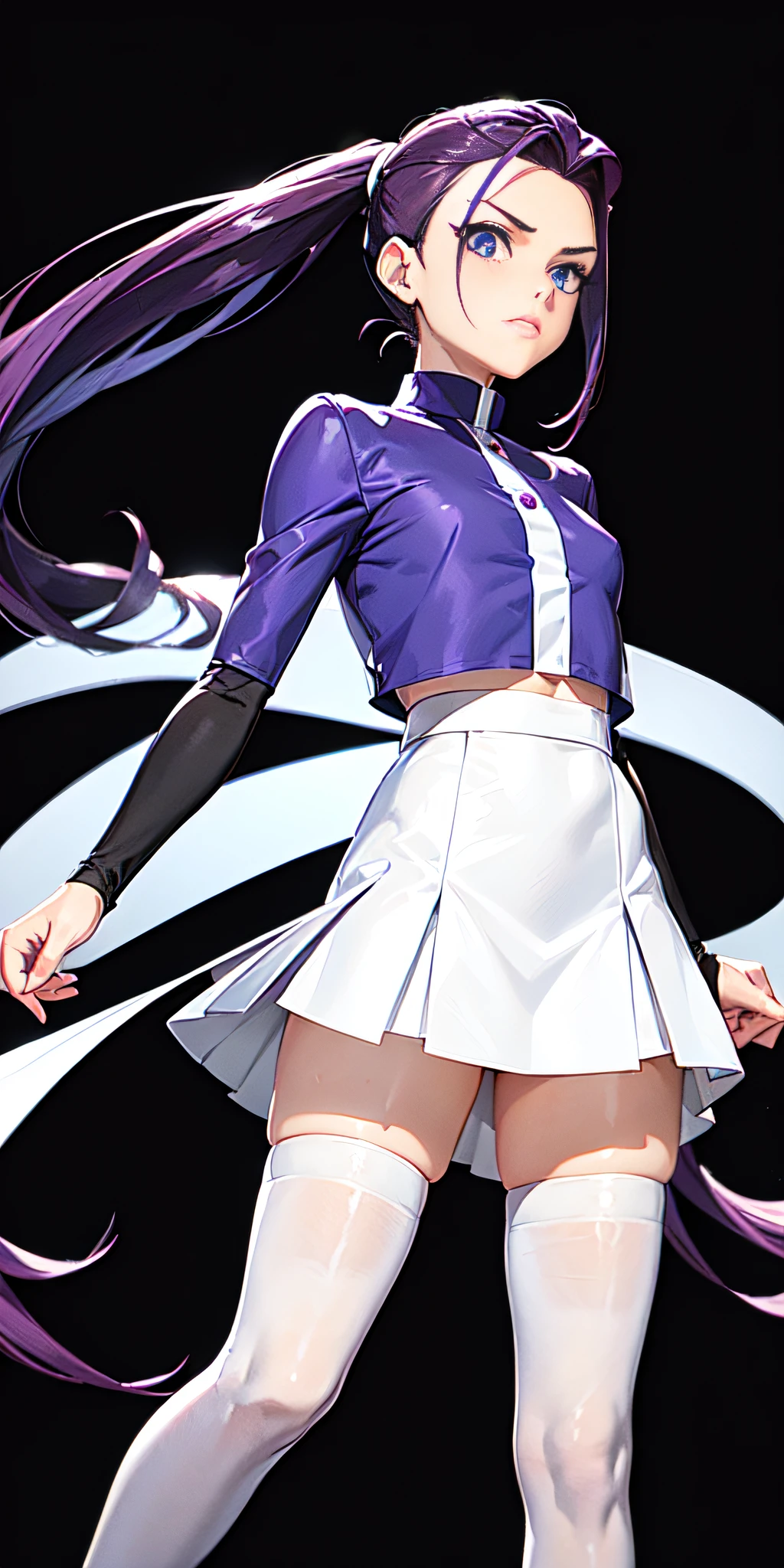 jessie pokemon, hair slicked back, long hair,purple hair,blue eyes, team rocket ,team rocket uniform ,((300% transparent silk: white 30% skirt, crop 30% top)),thighhighs,elbow gloves