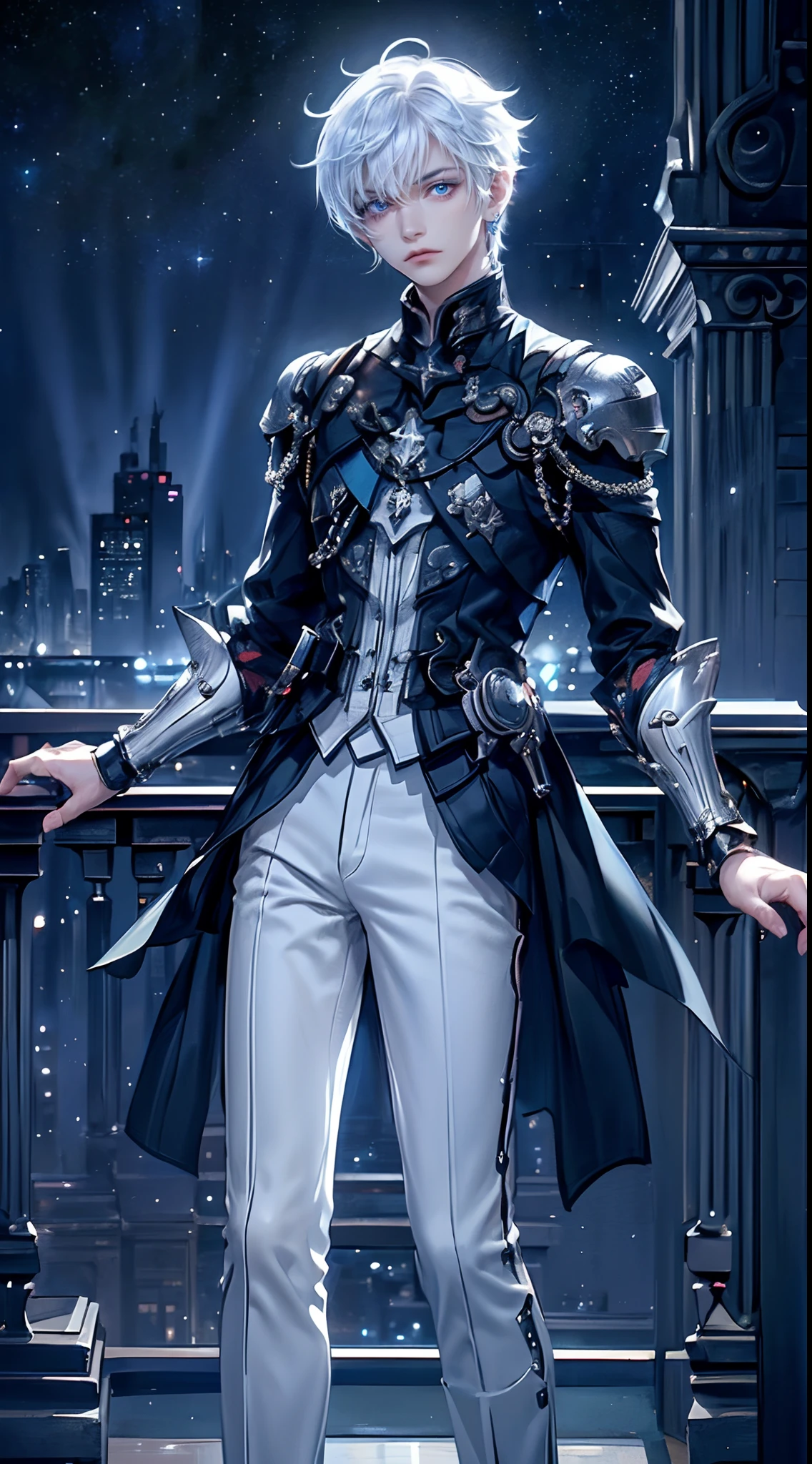 ((4K works))、​masterpiece、(top-quality)、One beautiful boy、Slim body、tall、((Black Y-shirt and white pants、Charming English knight style))、(Detailed beautiful eyes)、Fantastic English black balcony、Castle inhabited by villains、Villain Knight、Balcony at night、((Starry sky in the background))、((dark sky))、((Fashionable city scenery at midnight))、((Standing on a stylish balcony and shooting))、mid night、((Face similar to Carly Rae Jepsen))、((Short-haired white hair))、((Smaller face))、((Neutral face))、((Bright blue eyes))、((American adult male))、((Adult male 26 years old))、((Cool Men))、((Like a celebrity))、((Angry look))、((Korean Makeup))、((elongated and sharp eyes))、((Happy dating))、((boyish))、Professional Photos、(((Shot alone)))、((Shot from diagonally in front))、((Focus zoom in))、((He is looking at the starry sky))、((He is standing on the balcony))、horor、((Beautiful and cool photos))、Cool pose