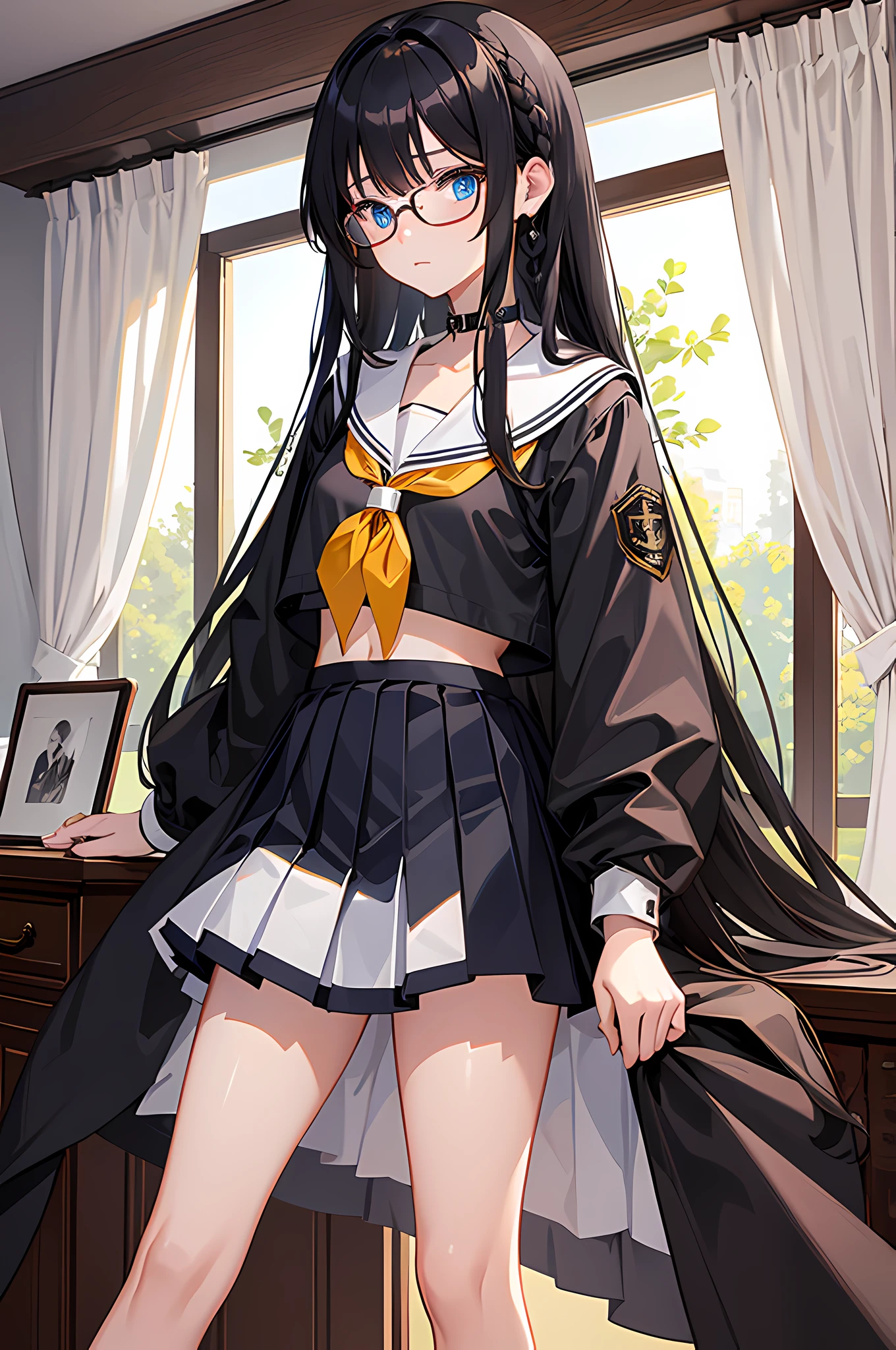 masterpiece 1girl long_hair looking_at_viewer short_hair blue_eyes skirt black_hair long_sleeves navel very_long_hair school_uniform jacket collarbone braid cowboy_shot pleated_skirt glasses solo_focus serafuku midriff sailor_collar stomach looking_at_another arm_up uniform black_jacket twin_braids tree neckerchief book window curtains tsurime black-framed_eyewear black_serafuku