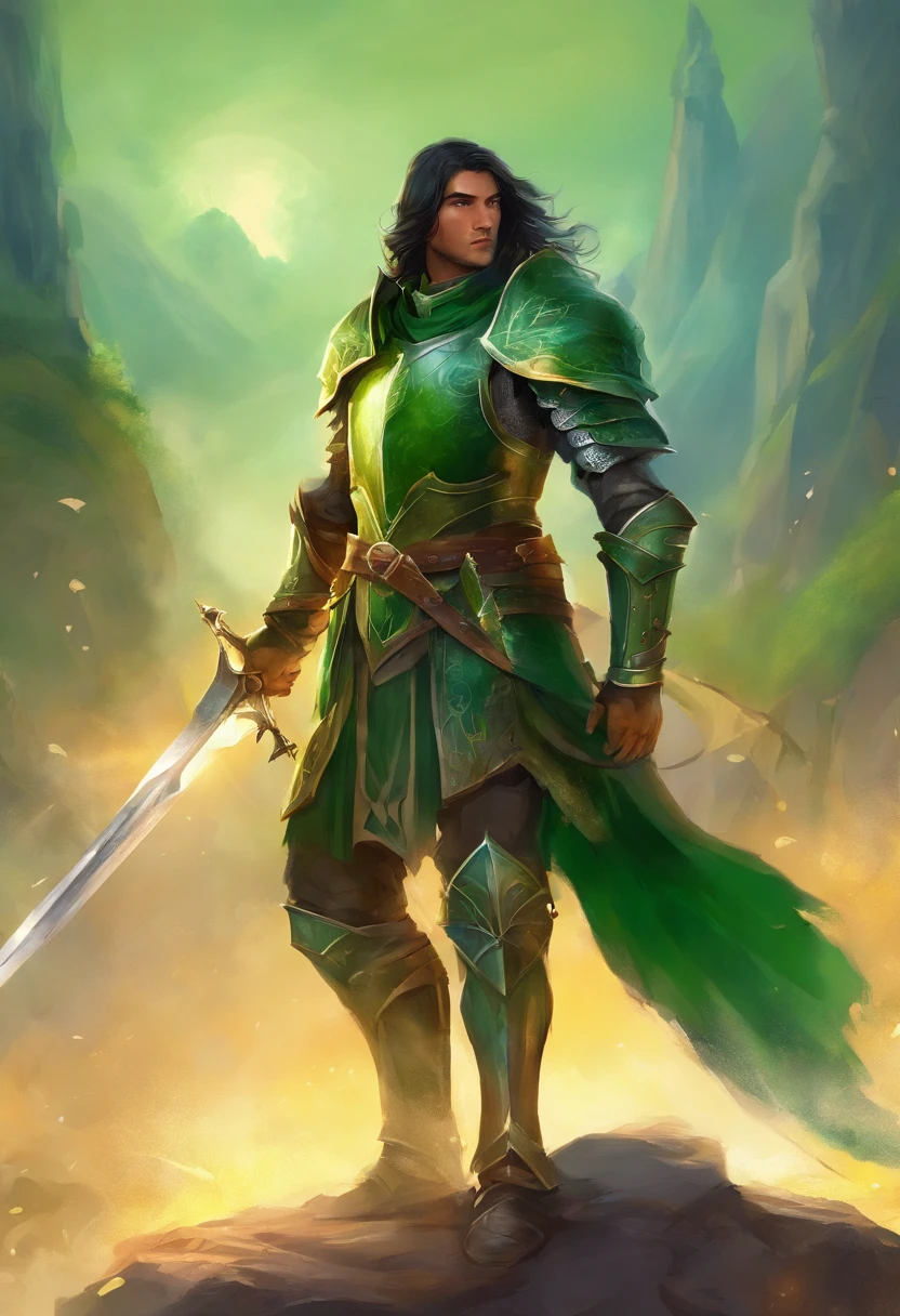 Medieval knight. He wears green armor. A helmet that covers the face. long black hair