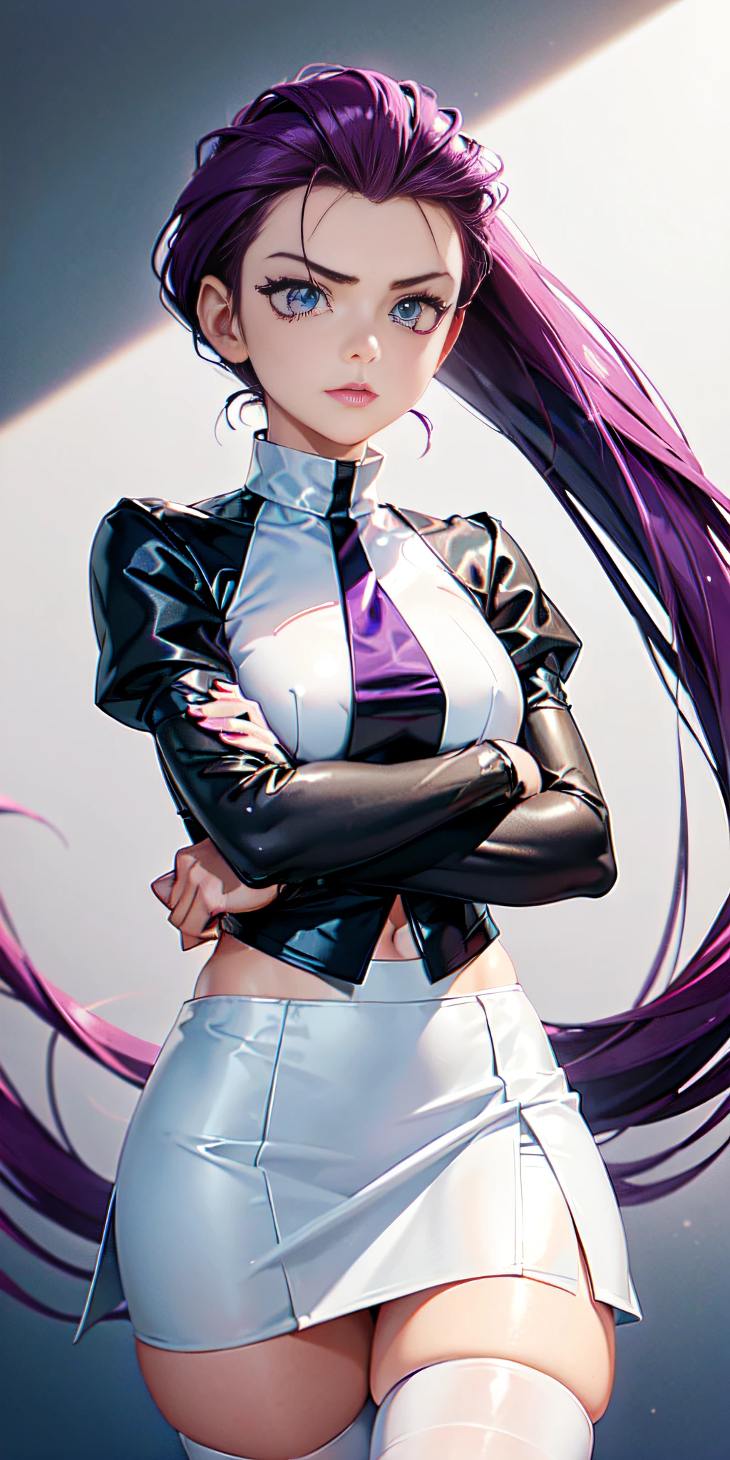 jessie pokemon, hair slicked back, long hair,purple hair,blue eyes, team rocket ,team rocket uniform ,((300% transparent silk: white 30% skirt, crop 30% top)),thighhighs,elbow gloves