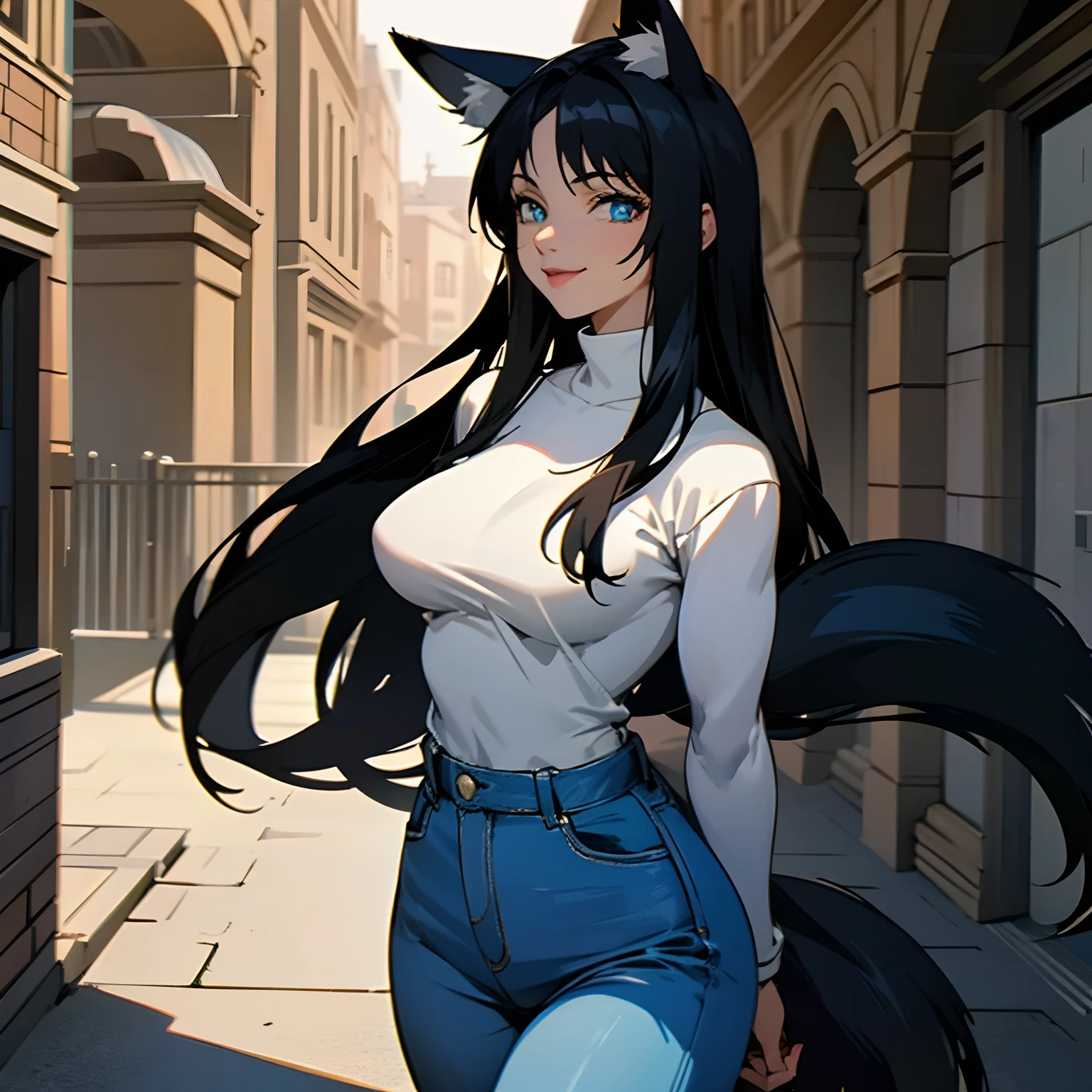 ((masterpiece)),((high resolution)),((best quality)),extremely fine and beautiful, super fine illustration, beautiful detailed girl, supple breasts, front view, facing at viewer, black hair, (Happy:1.4), (see-through:0.0), covered, hair covering breasts, black hair, (very long hair), fox ears, blue eyes, profile, white turtleneck, blue jeans, form fitting clothes, body conscious, (((dark voluminous fox tail))), medium-large breasts, (muscular thighs), muscular, bright smile, movie lighting, perfect shadow, realistic lighting shaded, (walking down street), medieval fantasy city scenery