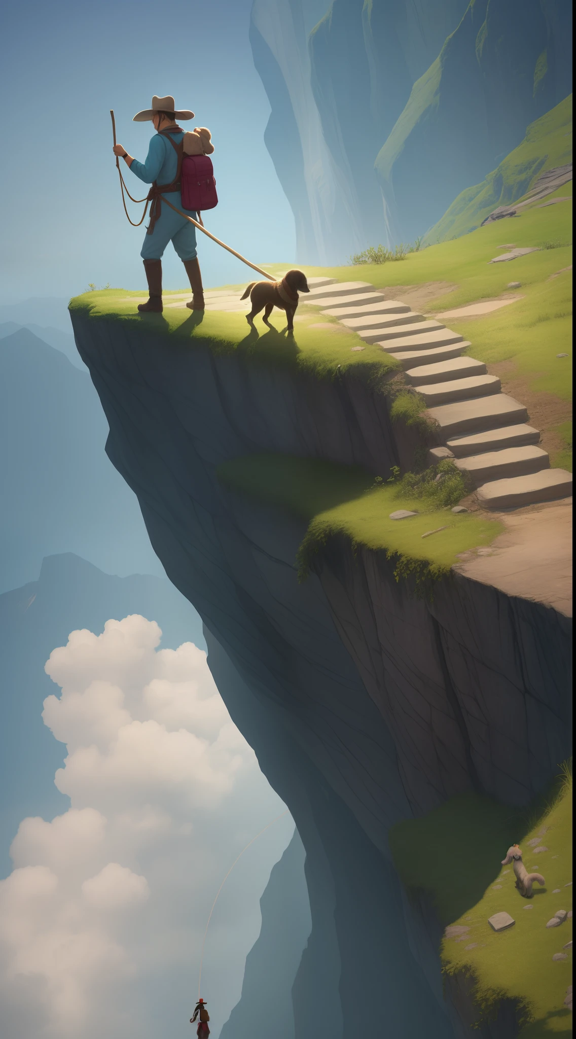 A clown like traveler stands on the edge of a steep cliff, carrying a western stick. A bundle of thin ropes was wrapped around the stick, and a cloth bag filled with mysterious packages was tied to it. He bravely embarked on a journey full of adventure and unknown possibilities. His loyal companion, a cute little dog, followed behind him, providing him with companionship and comfort. --auto --s2