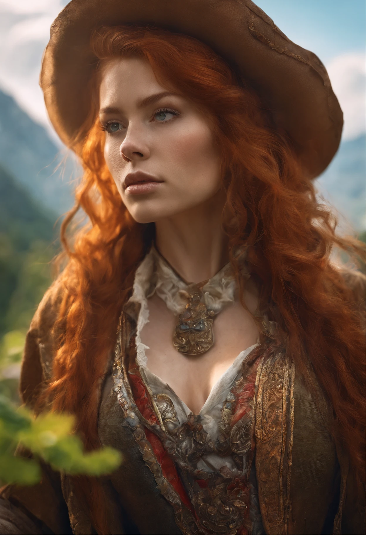 Woman Russian redhead full body sexy, cowboy shot, nature, vibrant colors, golden sunlight, lush vegetation, misty atmosphere, mystical creatures, exotic birds, hidden waterfalls, ancient ruins, breathtaking vista, serene tranquility, distant mountains, adventurous spirit, mysterious charm, enchanting exploration, immersive experience, cinematic masterpiece