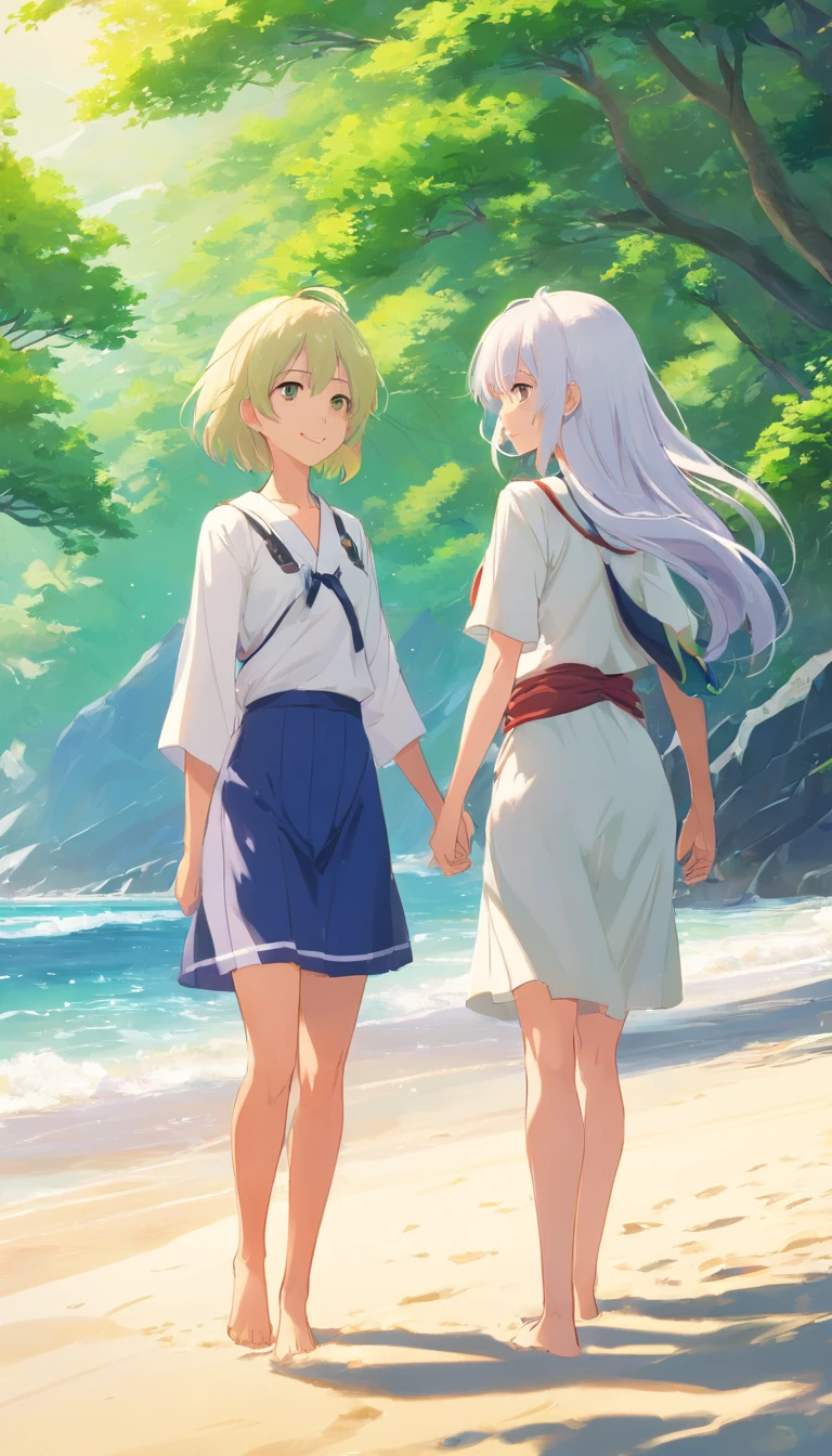 best qualtiy， tmasterpiece， 超高分辨率， realisticlying， 2 girls，（long  white hair），Heterochromic pupils，（ssmile）（sandbeach），比基尼，parks，wide angles