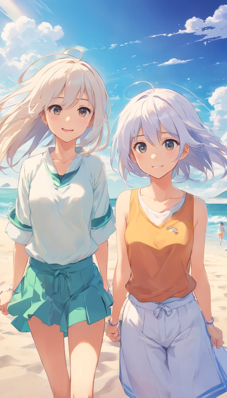 best qualtiy， tmasterpiece， 超高分辨率， realisticlying， 2 girls，（long  white hair），Heterochromic pupils，（ssmile）（sandbeach），（bathing suit），dolphins，parks，wide angles