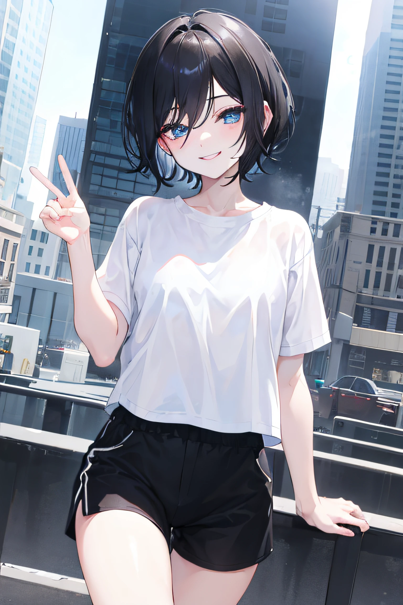 1femboy, short black hair, blue eyes, five fingers, smiling, wearing plain white shirt, black shorts, city, absurdres, high res, ultrasharp, 8K, masterpiece, looking at viewer