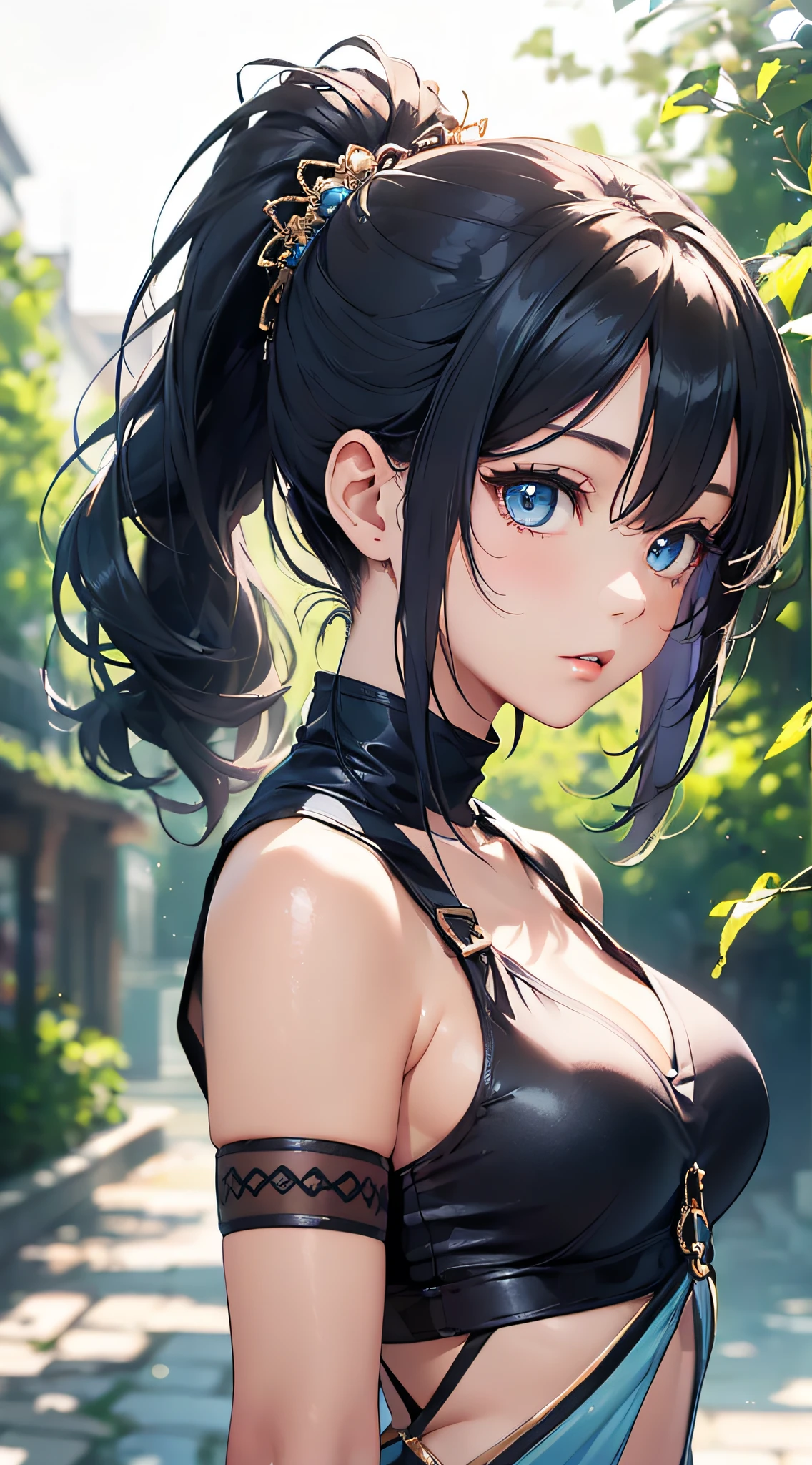 top-quality、Top image quality、masterpiece、girl with((cute little、18year old、Best Bust、Medium bust、Bust 85,Beautiful blue eyes、Breasts wide open,Ponytail with black hair、A slender、Blue hair mesh、Beautiful black pitchley t-shirt、Beautiful black short skirt,jumpping))hiquality、Beautiful Art、Background with((Sunny air)),masutepiece、Elaborate design、visualart、depth of fields、The best lighting、highestdetailed、8k