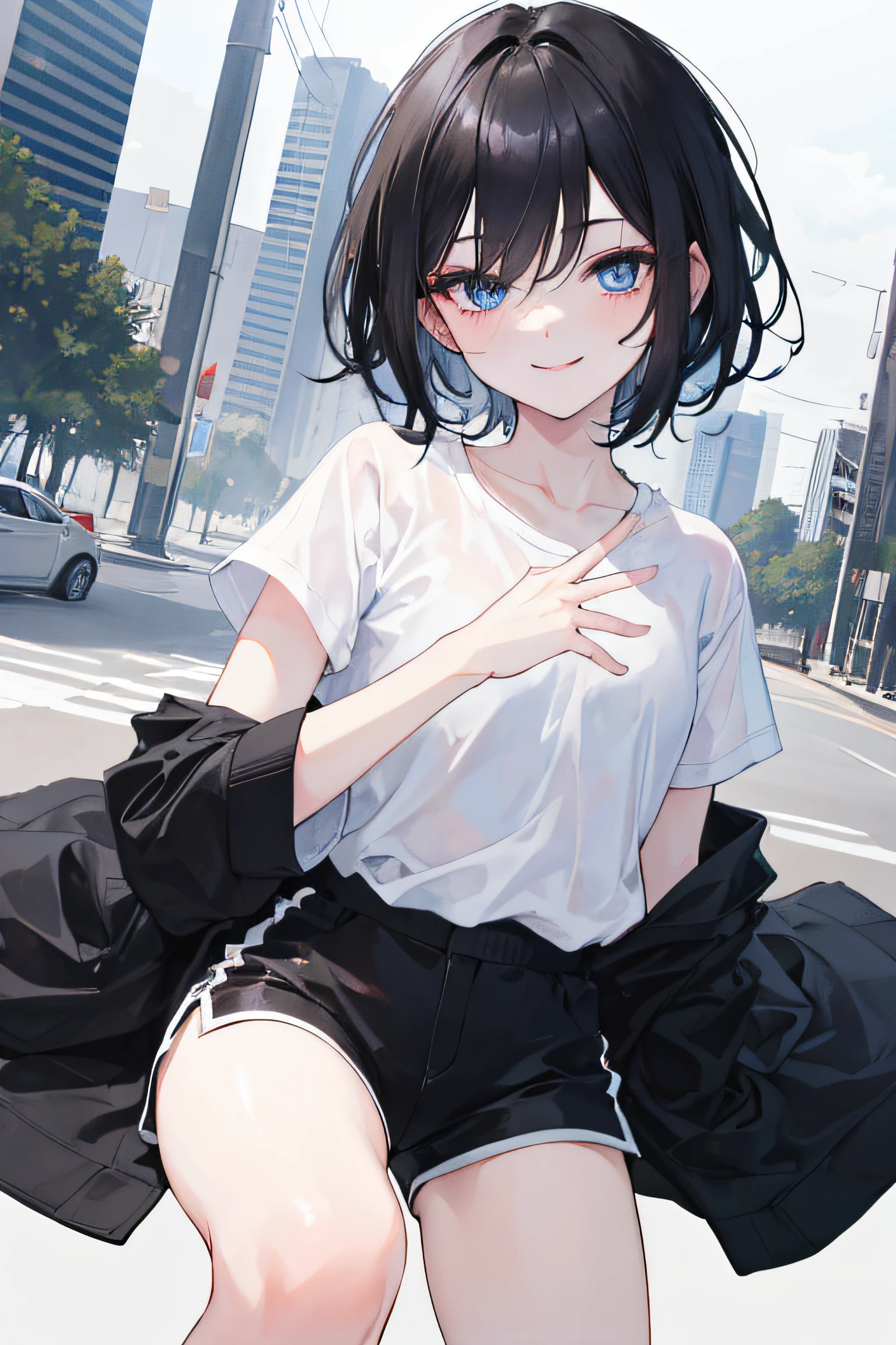 1femboy, short black hair, blue eyes, five fingers, smiling, wearing plain white shirt, black shorts, city, absurdres, high res, ultrasharp, 8K, masterpiece, looking at viewer