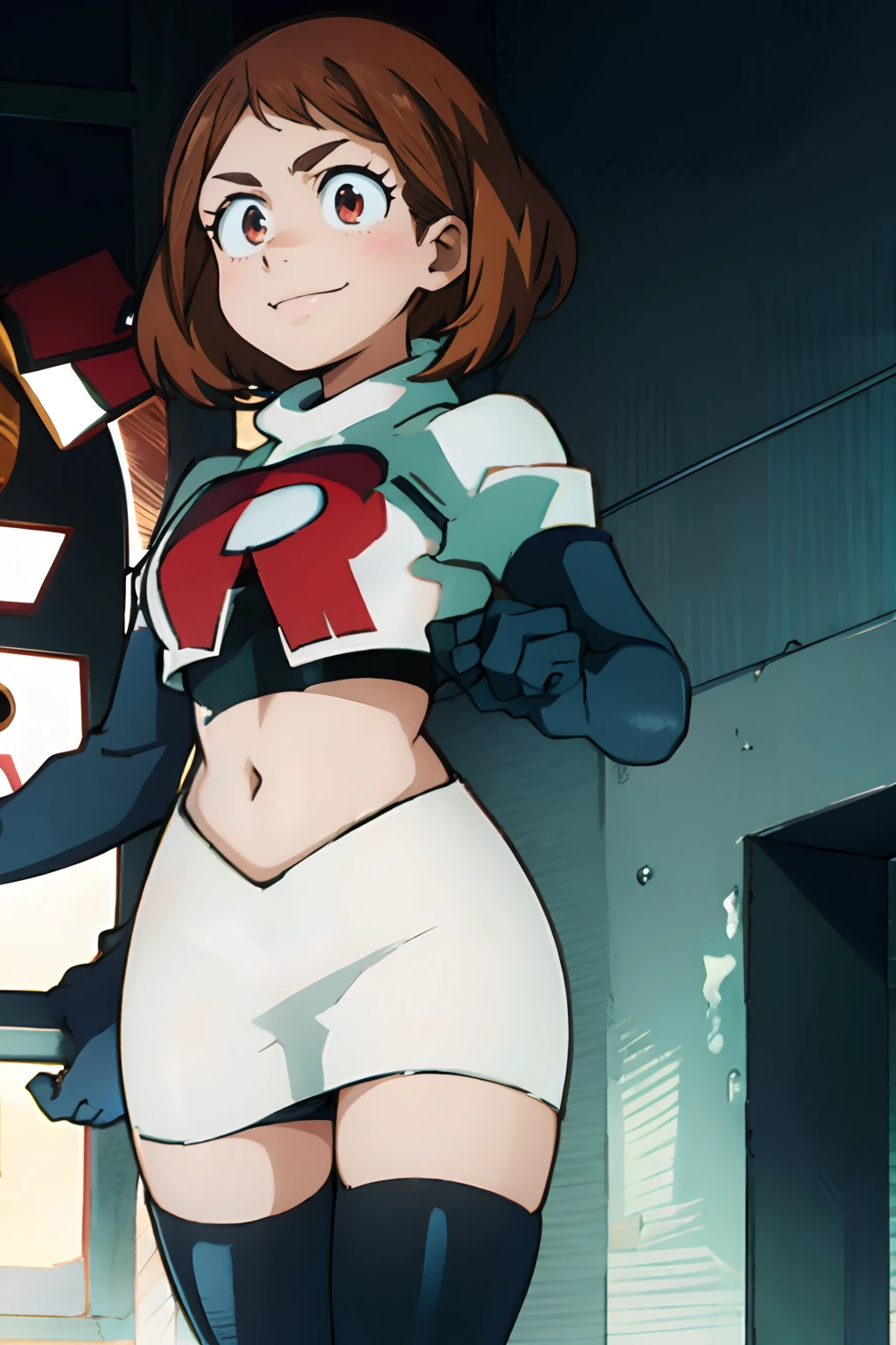 ochaco_uraraka, team rocket,team rocket uniform, red letter R, white skirt,white crop top,black thigh-highs,black elbow gloves, evil smile