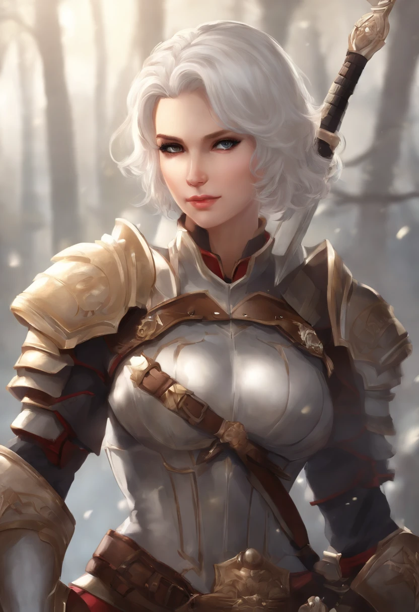 younger female，A general,Dignified appearance，with short white hair，Strong and strong body，Wearing armor，Holding a sword，Background nothingness，Bust photo，Two-dimensional style，style of anime