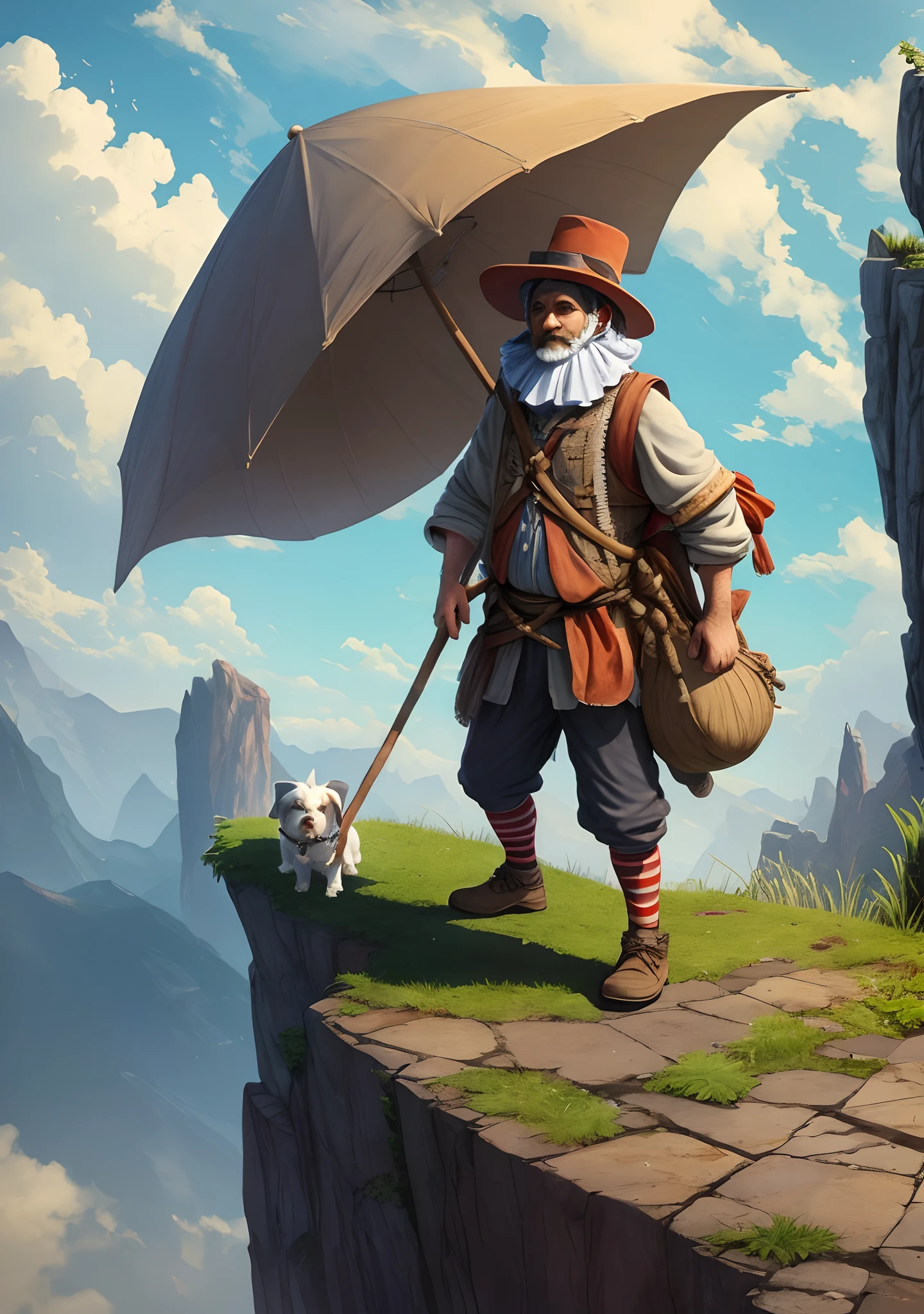 A clown like traveler stands on the edge of a steep cliff, carrying a western stick. A bundle of thin ropes was wrapped around the stick, and a cloth bag filled with mysterious packages was tied to it. He bravely embarked on a journey full of adventure and unknown possibilities. His loyal companion, a cute little dog, followed behind him, providing him with companionship and comfort. The traveler is facing us --auto --s2