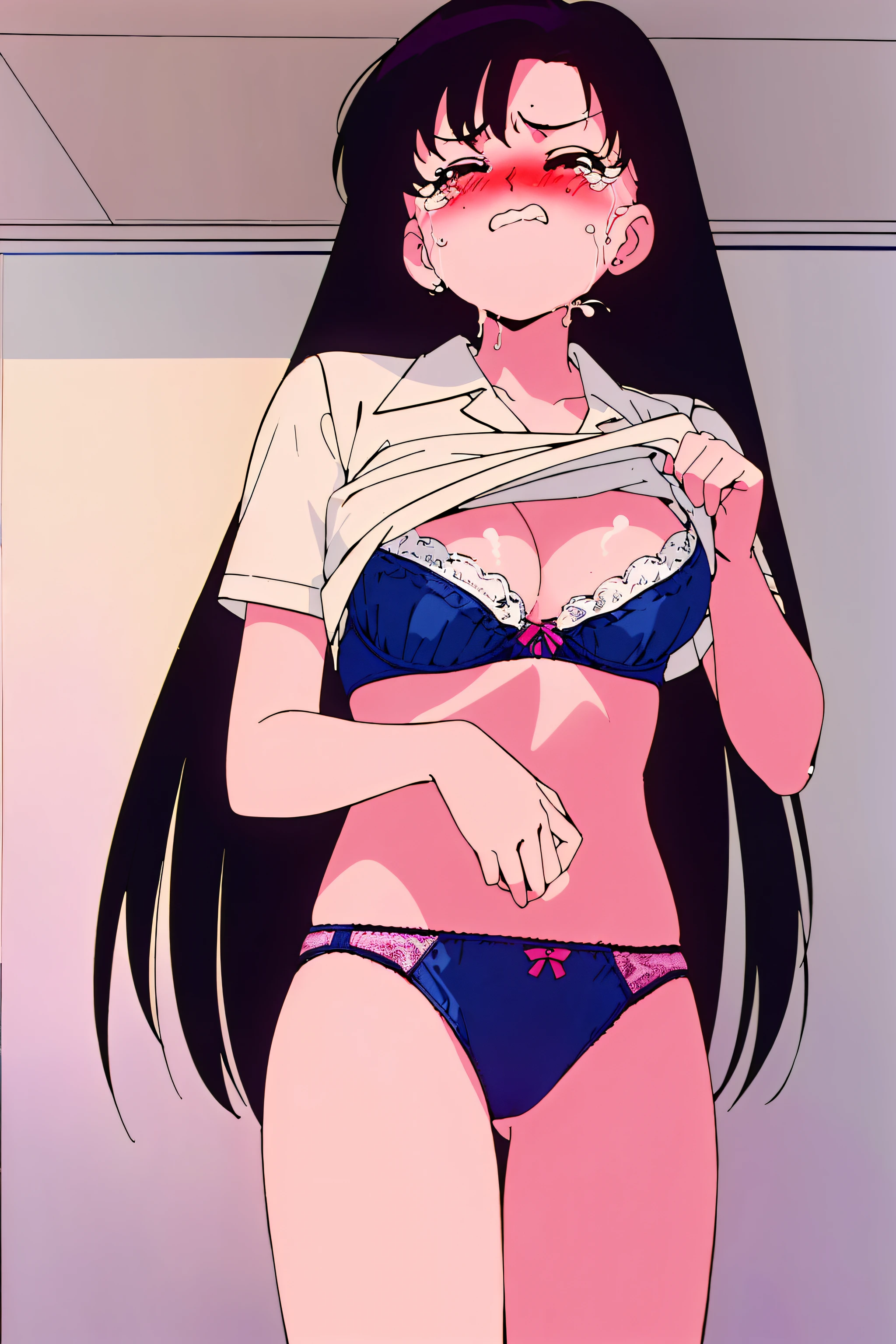 top-quality、​masterpiece、1girl in、lightsmile、looking at the viewers、城市、random hair style, cowboy  shot、(((shirt lift and bra)))、 Looking Up, View from below, (((lare breasts))), (((Panties))), (((Blushing and crying))), (((Half close your eyes))), (((clenching teeth)))