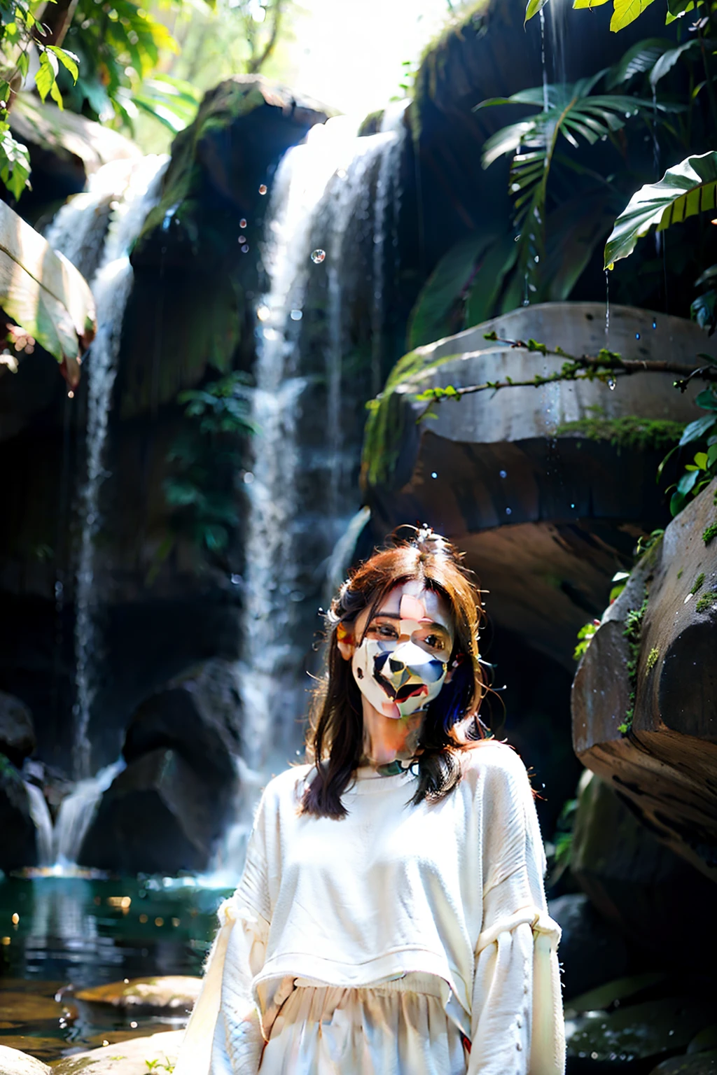 1girl,sweater,white background,The painting depicts a young woman. Very beautiful. One was standing in the middle of a rainforest in Thailand, Tak, wearing a spotless white dress. Her face glowed with a smile. She was looking at the beautiful waterfall in front of her. This waterfall has water droplets that spread throughout the area. It creates a refreshing and lively atmosphere.