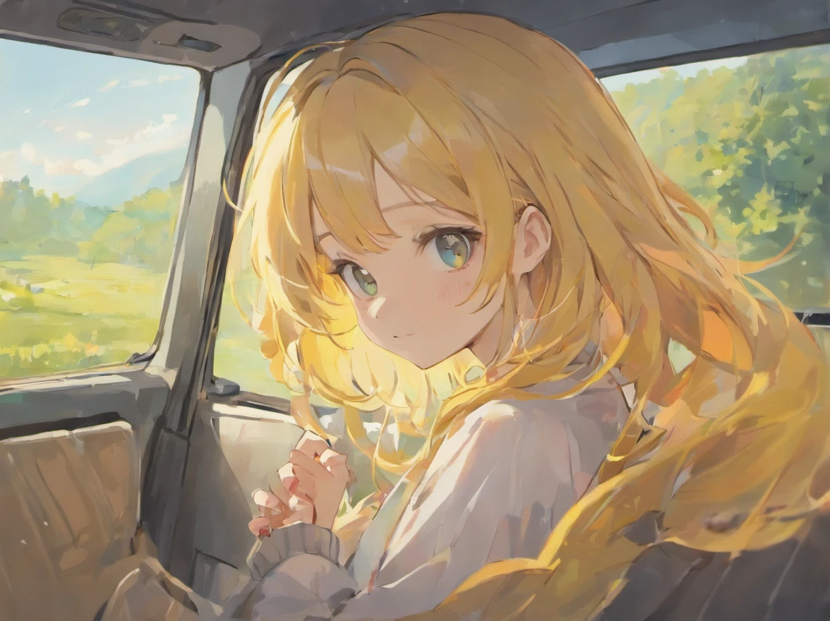 White buggy，In the car sat the little girl and her family，The car drives on the lawn，A wide variety of wildlife around，The animals were looking at the car curiously，Children's drawing style，plethora of colors，The shape is cute and slightly exaggerated，k hd，Perfectcomposition