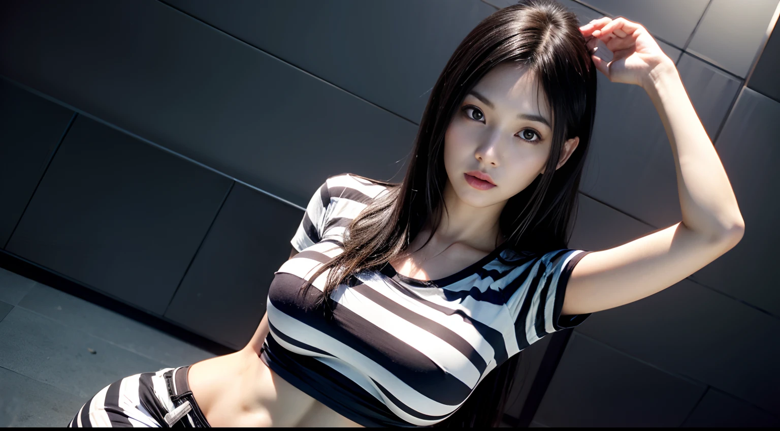 kurihara mari, striped, striped shirt, striped shorts, midriff, large breast, beauty, solo, extremely beautiful face, exquisite face, facing camera, seductive look