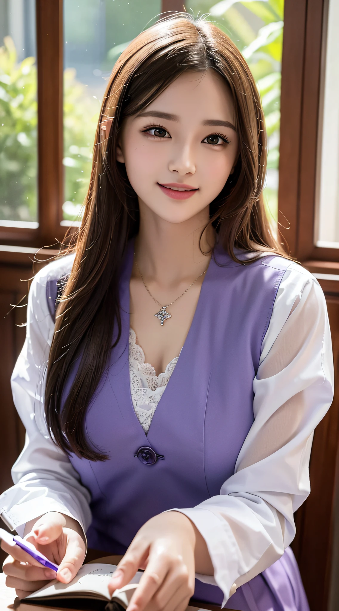 Top quality, Masterpiece, A high resolution, 1 woman, 25 years old, Pure dressings, Dress conservatively，Bust photo，Purple school uniform，hair adornments, necklace, jewelry, Beautiful face, Calm smile, , Tyndall effect, Photorealistic, Divination room, There are books on the table, rim lit, twotonelighting,  8k ultra high definition, Digital SLR, Soft lighting, High quality, voluminetric lighting, candid, Photography, high resolution,
