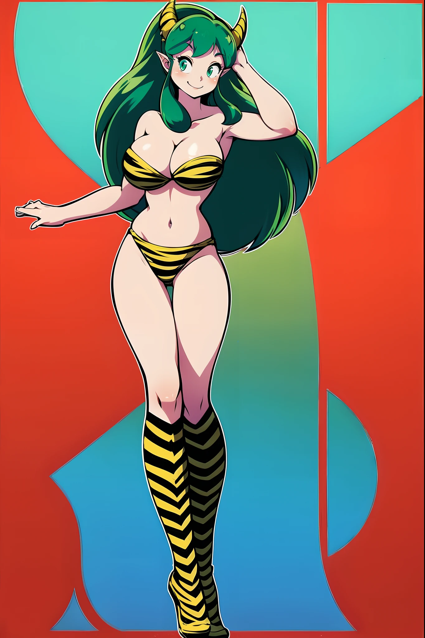 lum, bikini, standing,, , oni, smile,, full body, , , horns, curvy, big breast,, smile, green hair