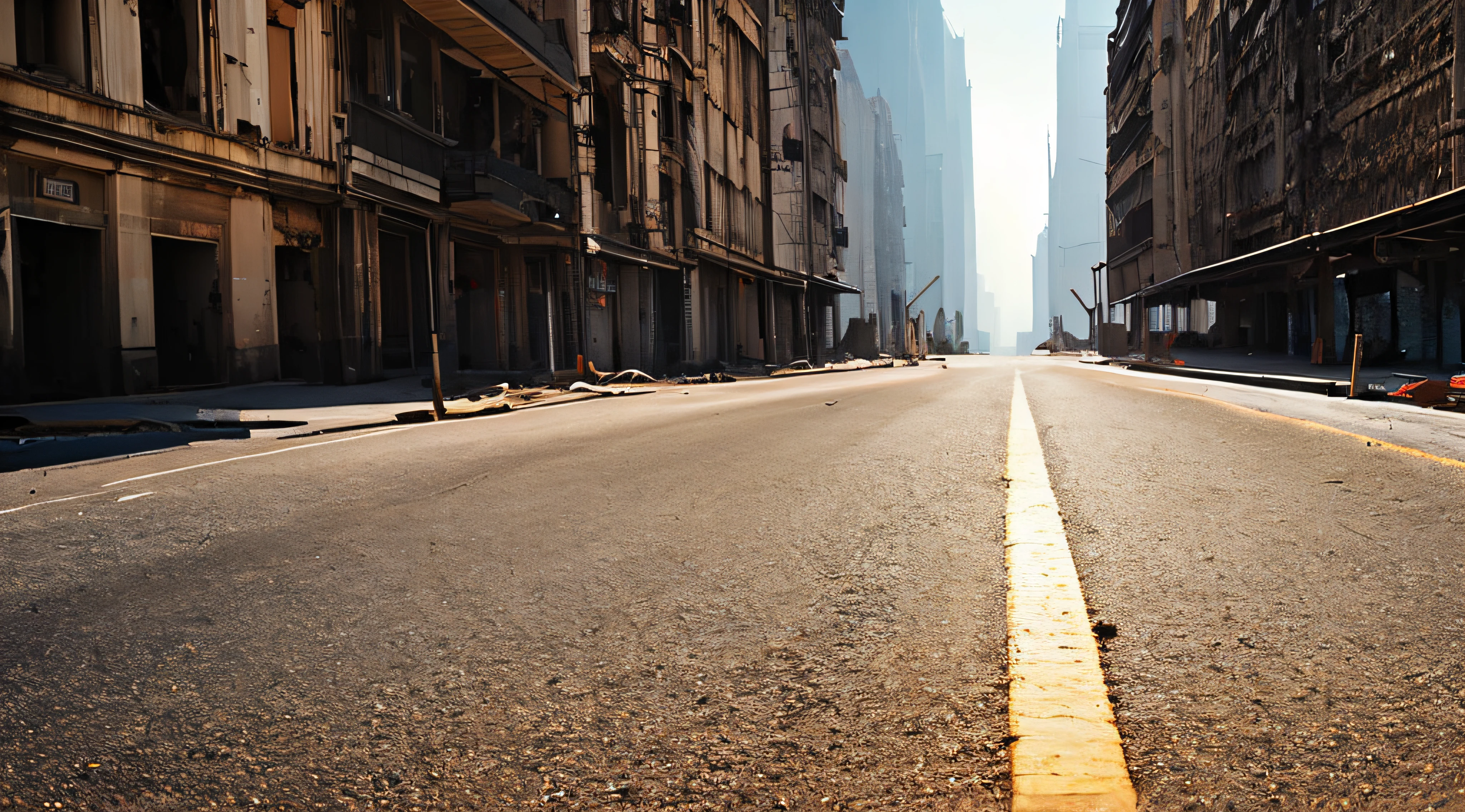Empty street of burnt up city. Apocalyptic view of city downtown as disaster film poster concept. City destroyed by war