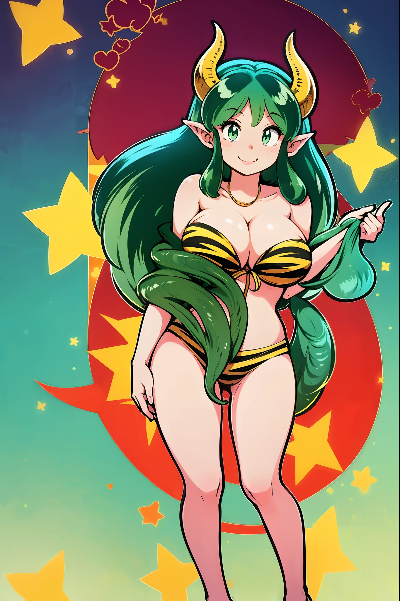 lum, bikini, standing,, , oni, smile,, full body, , , horns, curvy, big breast,, smile, green hair
