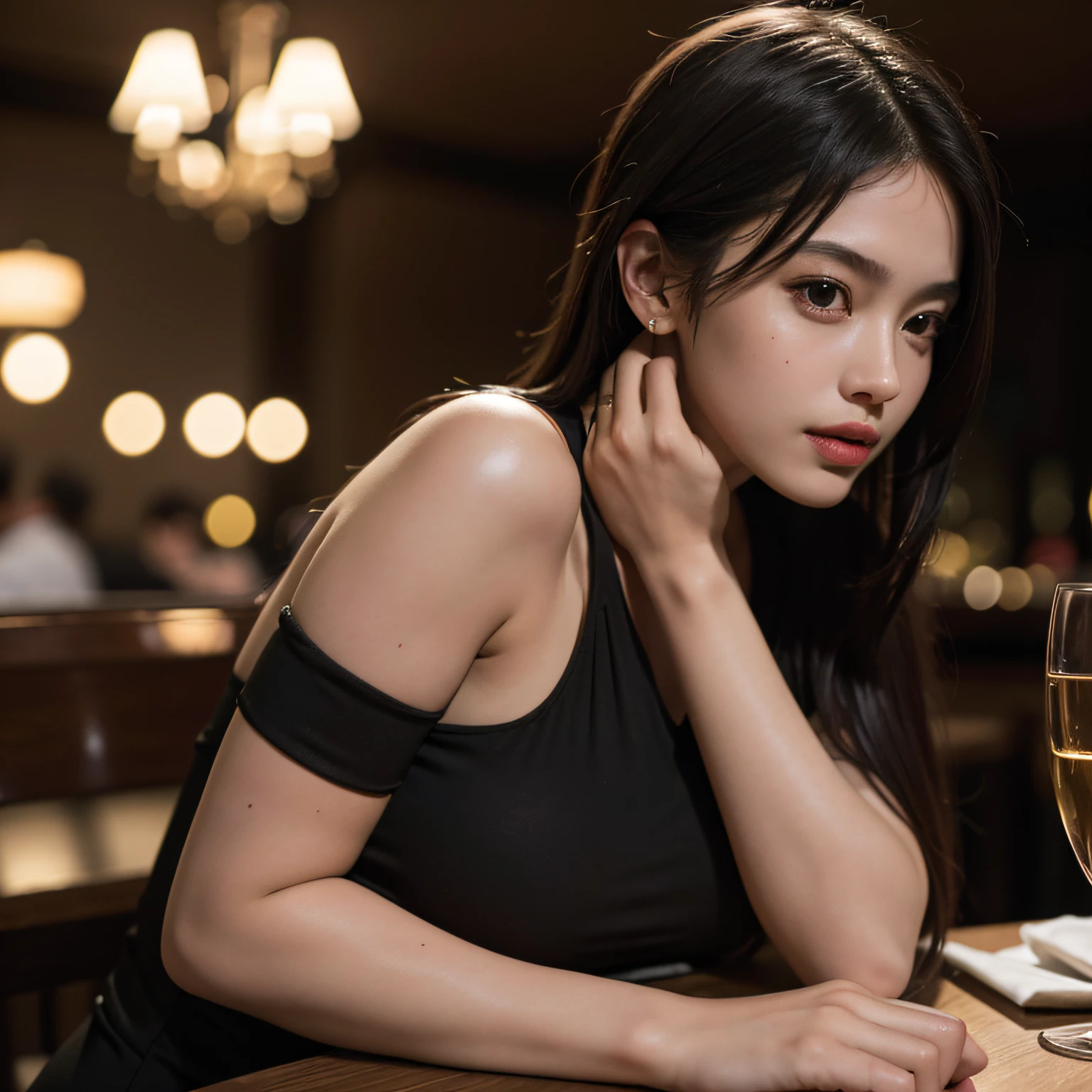 1girl sitting at a luxury restaurant, in the evening, upper body, close-up, 8k, RAW photo, best quality, masterpiece,realistic, photo-realistic,