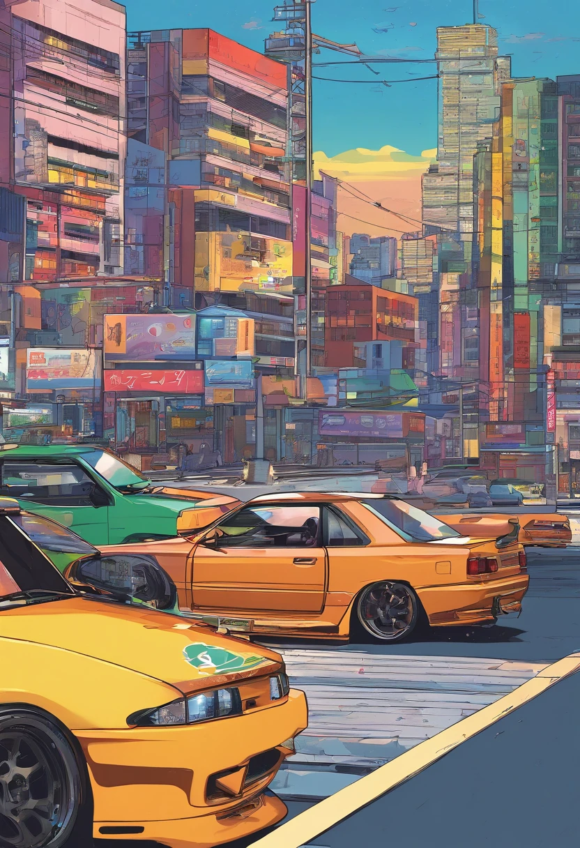 set in tokyo bank parking lot, 90's color photo, 90s japan, profile pic, tsubasa nakai's style, 90’s photography, 90's photo, in a modified nissan skyline r34, y2k style down to up view, poster style