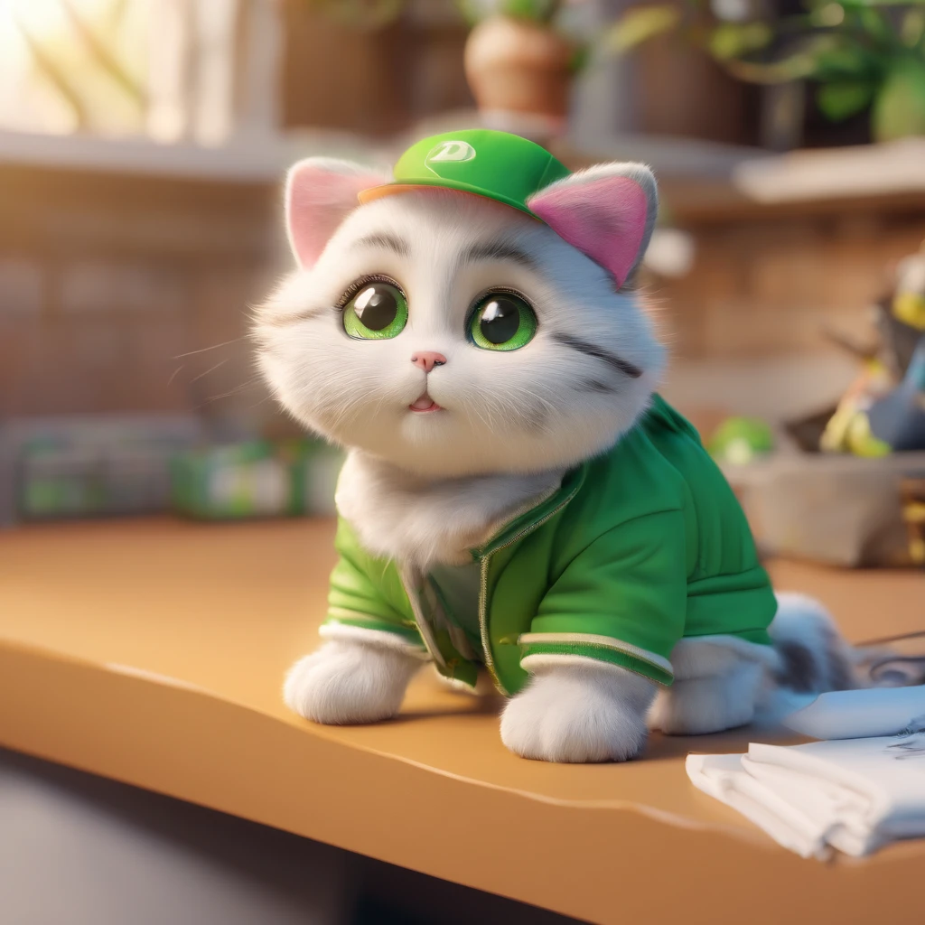 (Best quality,4K,8K,A high resolution,Masterpiece:1.2), Ultra-detailed, Realistic:1.37,
Big eyes cute cat, cute little cat, fluffy white fur, Wear a green trucker outfit, Box in hand, Wearing a cap