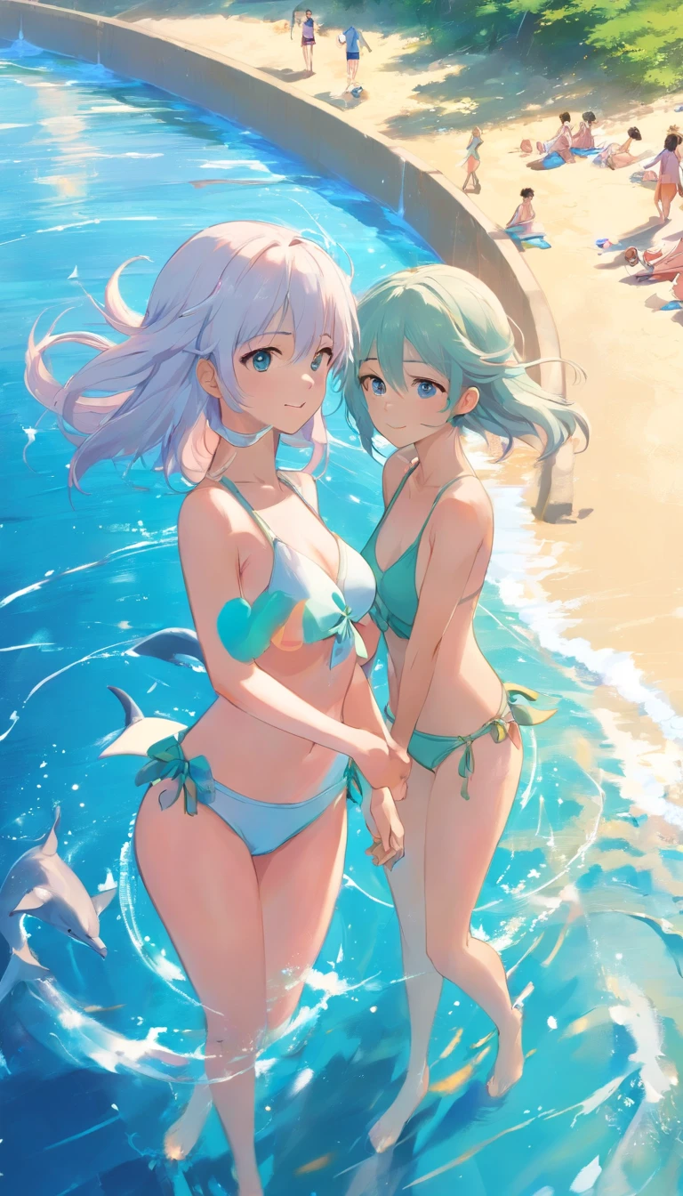 best qualtiy, tmasterpiece, 超高分辨率, realisticlying, 2 girls,(long white hair),Heterochromic pupils,(ssmile)(sandbeach),(bathing suit),dolphins,parks,wide angles