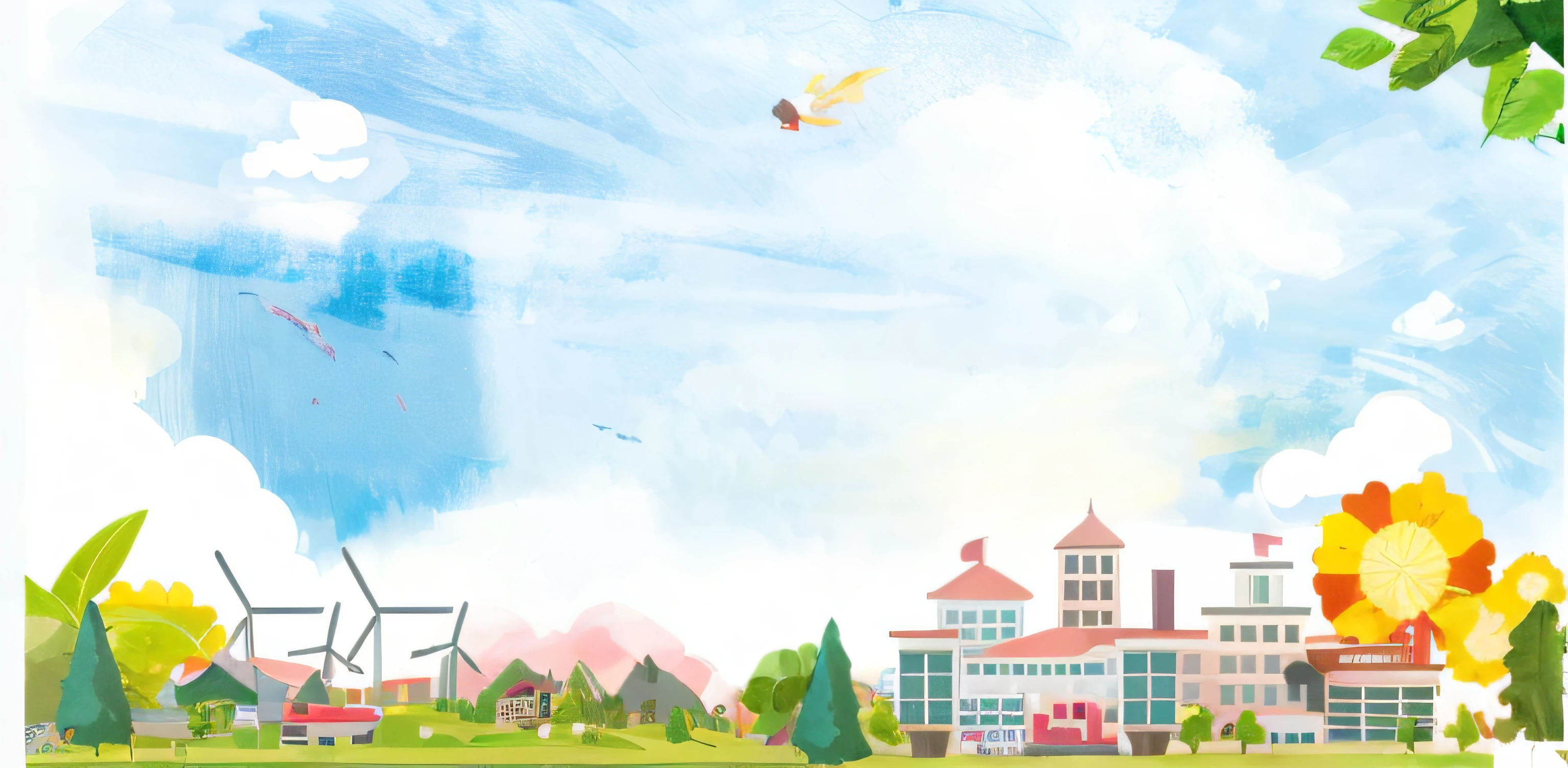 There is a photo of a cartoon city，Kites flying in the sky, town background, Commercial illustration, town center background, countryside city scene, corporate animation style, Flat illustration, Simple illustration, Detailed scenery —width 672, Simple and clean illustration, Watercolor illustration style, On a sunny day, full page illustration, scenery background, mall background