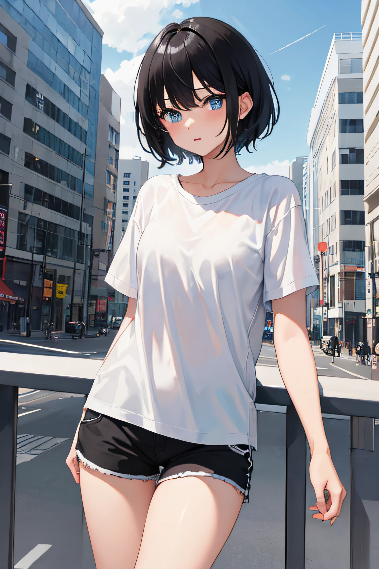 1girl, short black hair, blue eyes, wearing plain white shirt, black shorts, city, absurdres, high res, ultrasharp, 8K, masterpiece, looking at viewer