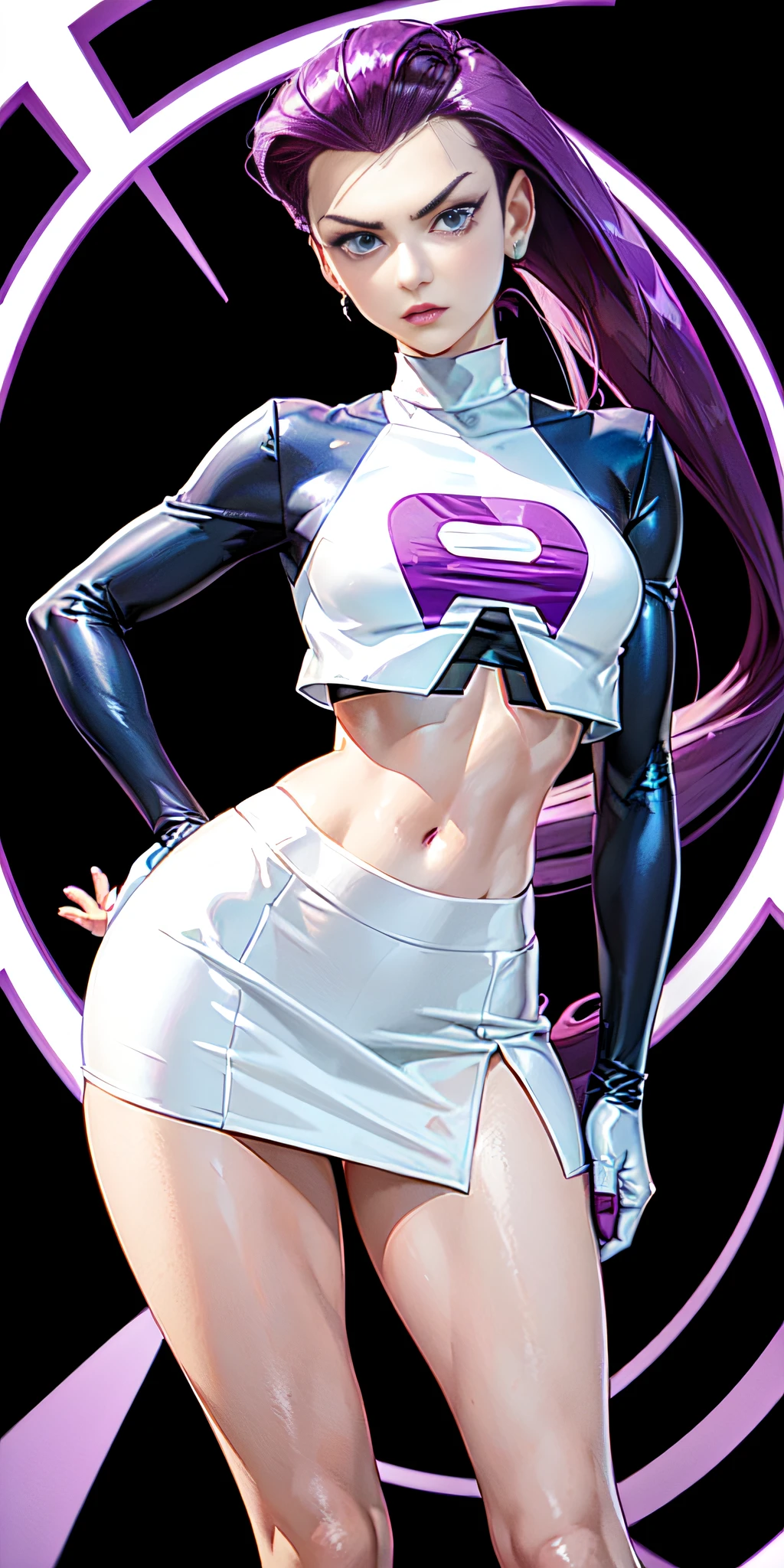 Jessie pokemon, slicked back hair, Long hair, purple hair, blue eyes, Team Rocket, ((300% transparent silk Team Rocket Uniform)), ((30% white skirt, 30% Crop Top)), thighs high,elbow gloves