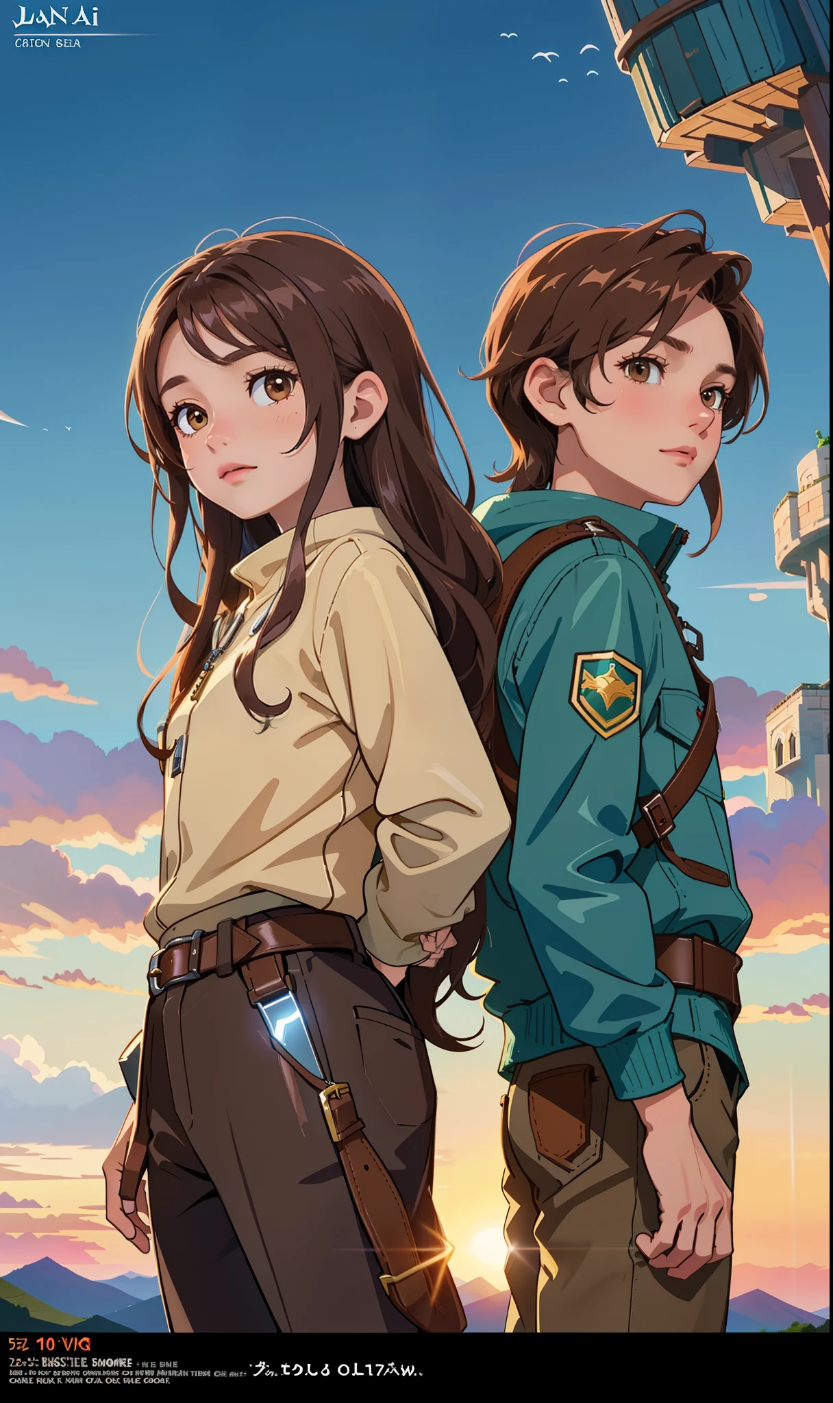 Image of two children(Gemini Brother and Sister)(round face, Large shiny dark brown eyes, long eyelashes, brown tousled slightly wavy hair, Adventurer's Clothing) between the ages of  and 13((Back to Back))), Explorers of the Fallen Kingdom (Best Quality:1.4), promotional art, Key art, medium shot of two characters, Promotional image, official arts, movie promotional image, Official Rendering, Tower in the Sky, official illustration, promotional render, promotional art, Adventure Book Cover