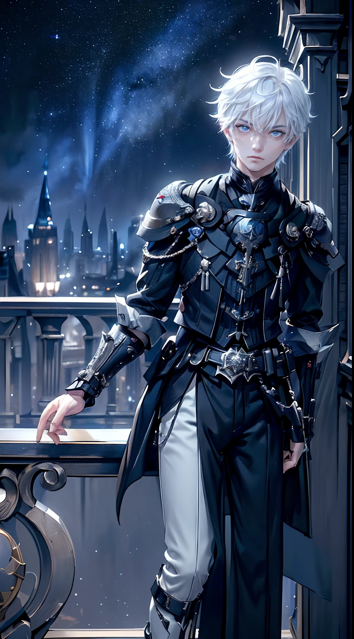 ((4K works))、masterpiece、(top-quality)、One beautiful boy、Slim body、tall、((Black Y-shirt and white pants、Charming English knight style))、(Detailed beautiful eyes)、Fantastic English black balcony、Castle inhabited by villains、Villain Knight、Balcony at night、((Starry sky in the background))、((dark sky))、((Fashionable city scenery at midnight))、((Standing on a stylish balcony and shooting))、mid night、((Face similar to Carly Rae Jepsen))、((Short-haired white hair))、((Smaller face))、((Neutral face))、((Bright blue eyes))、((American adult male))、((Adult male 26 years old))、((Cool Men))、((Like a celebrity))、((Angry look))、((Korean Makeup))、((elongated and sharp eyes))、((Happy dating))、((boyish))、Professional Photos、(((Shot alone)))、((Shot from diagonally in front))、((Focus zoom in))、((He is looking at the starry sky))、((He is standing on the balcony))、horor、((Beautiful and cool photos))、Cool pose