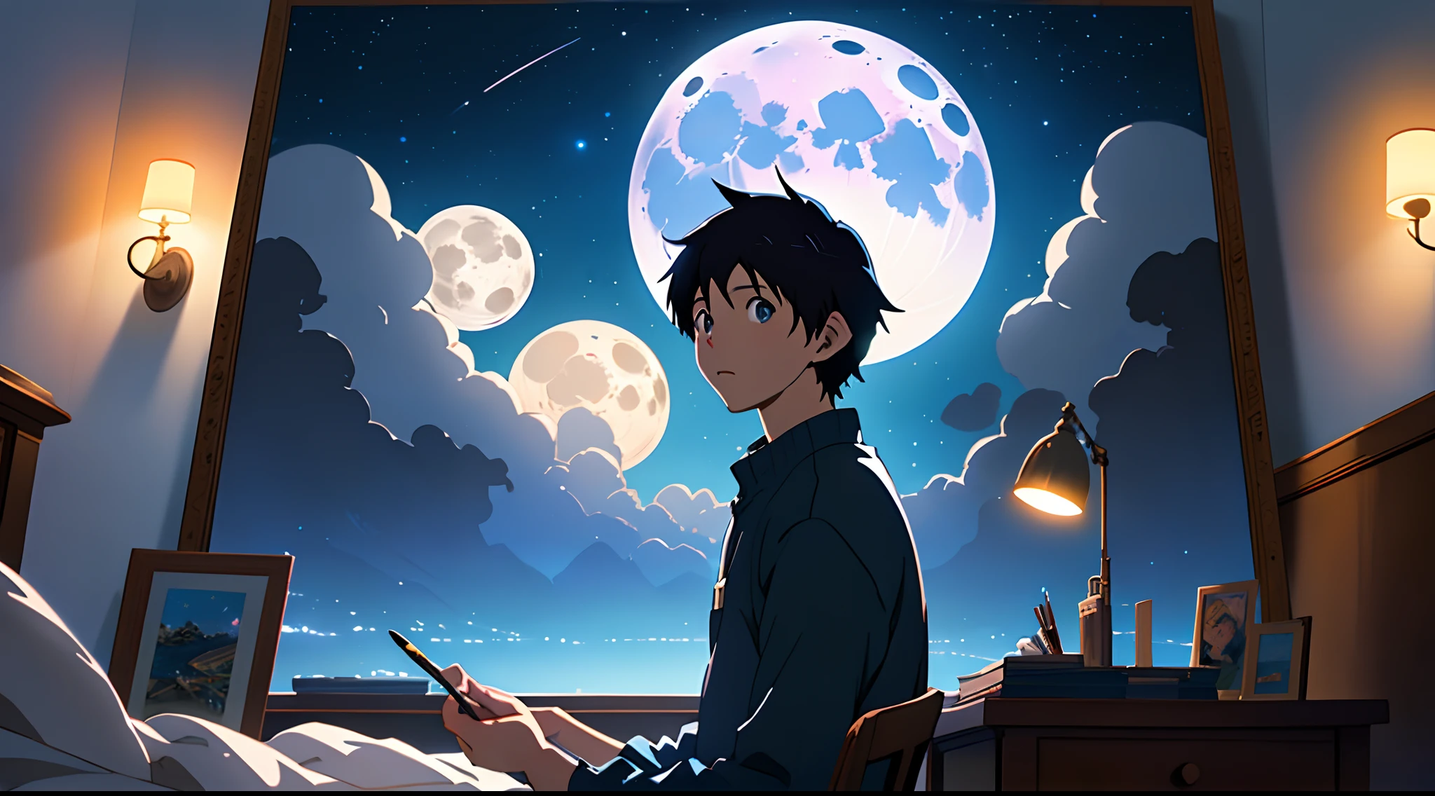 Boy painting on desk in beautiful cozy room, Warm light in his room, Night time, concept art inspired by Makoto Shinkai, Pixiv Contest Winner, Best Quality, beautiful anime scene, Bright moon, anime scener, Animated scenes like in the movies, Night, Fantastic Anime, atmospheric anime, Starry sky, detail Enhanced.