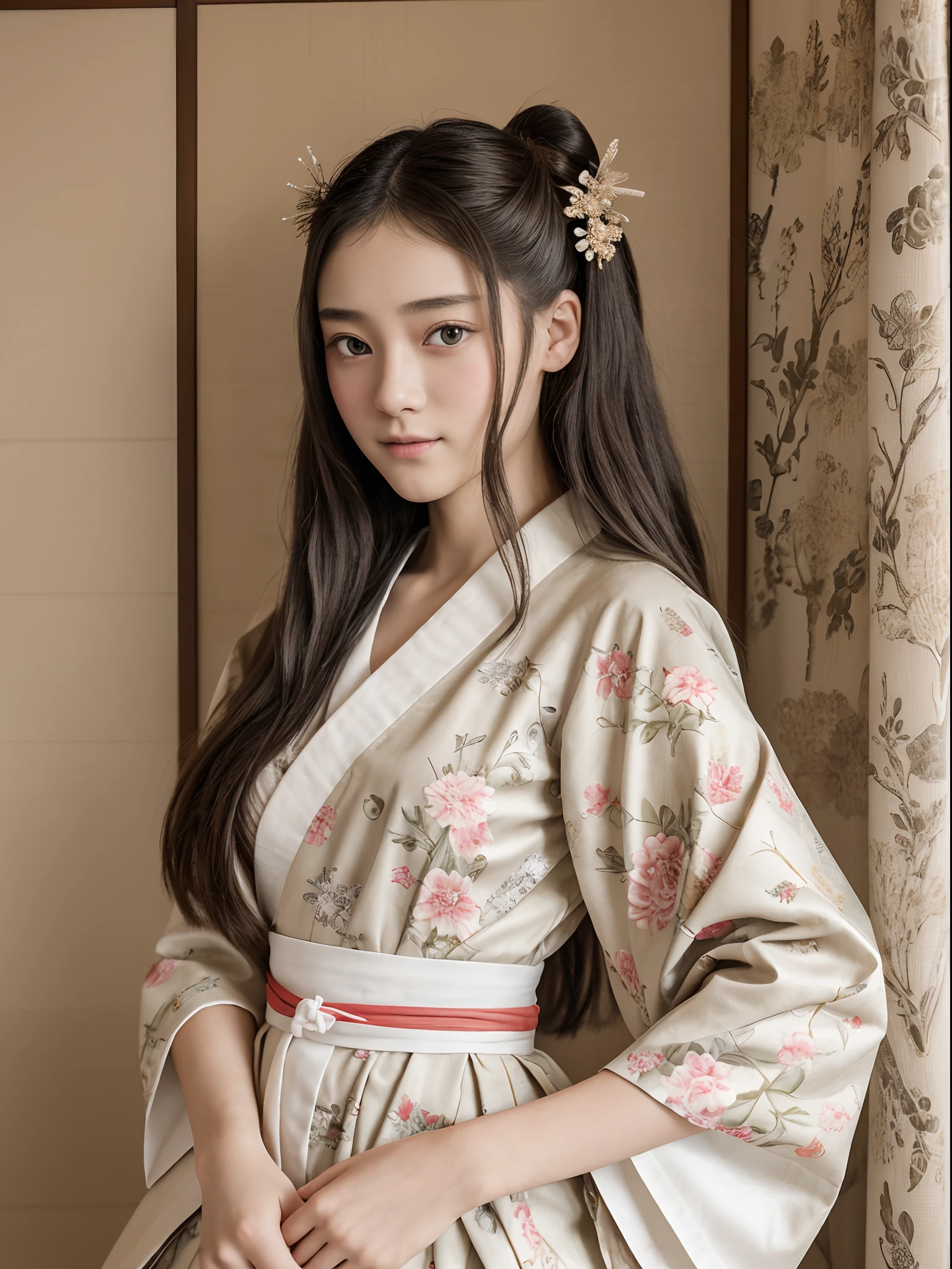 Best quality, Masterpiece, high resolution, Original, highly detailed wallpaper, Beauty 、s girl、Real Human、Authentic、Old photos、bit girl、Japan antiquity、Heian period、Twelve vests,12 single kimono、screen、curtain、realness、Background depth of field