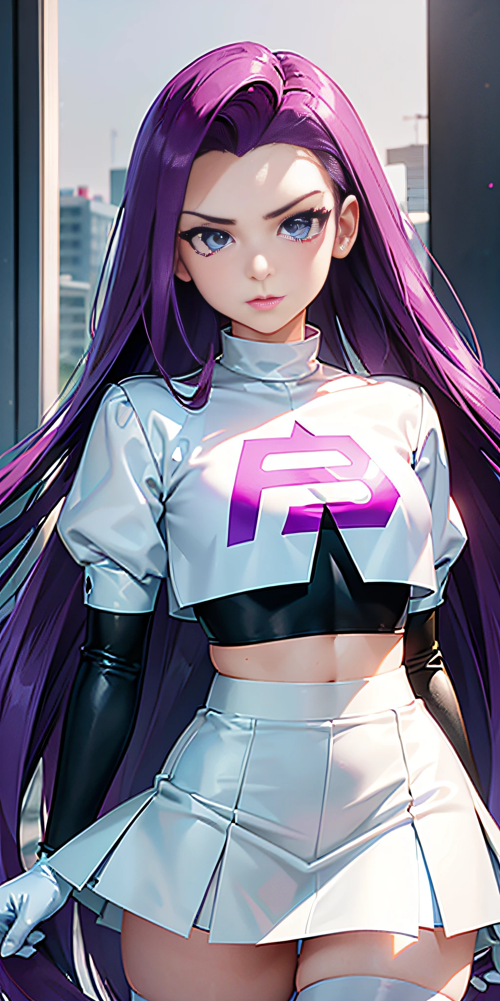 jessie pokemon, hair slicked back, long hair,purple hair,blue eyes, team rocket ,team rocket uniform ,((300% transparent silk: white 30% skirt, crop 30% top)),thighhighs,elbow gloves