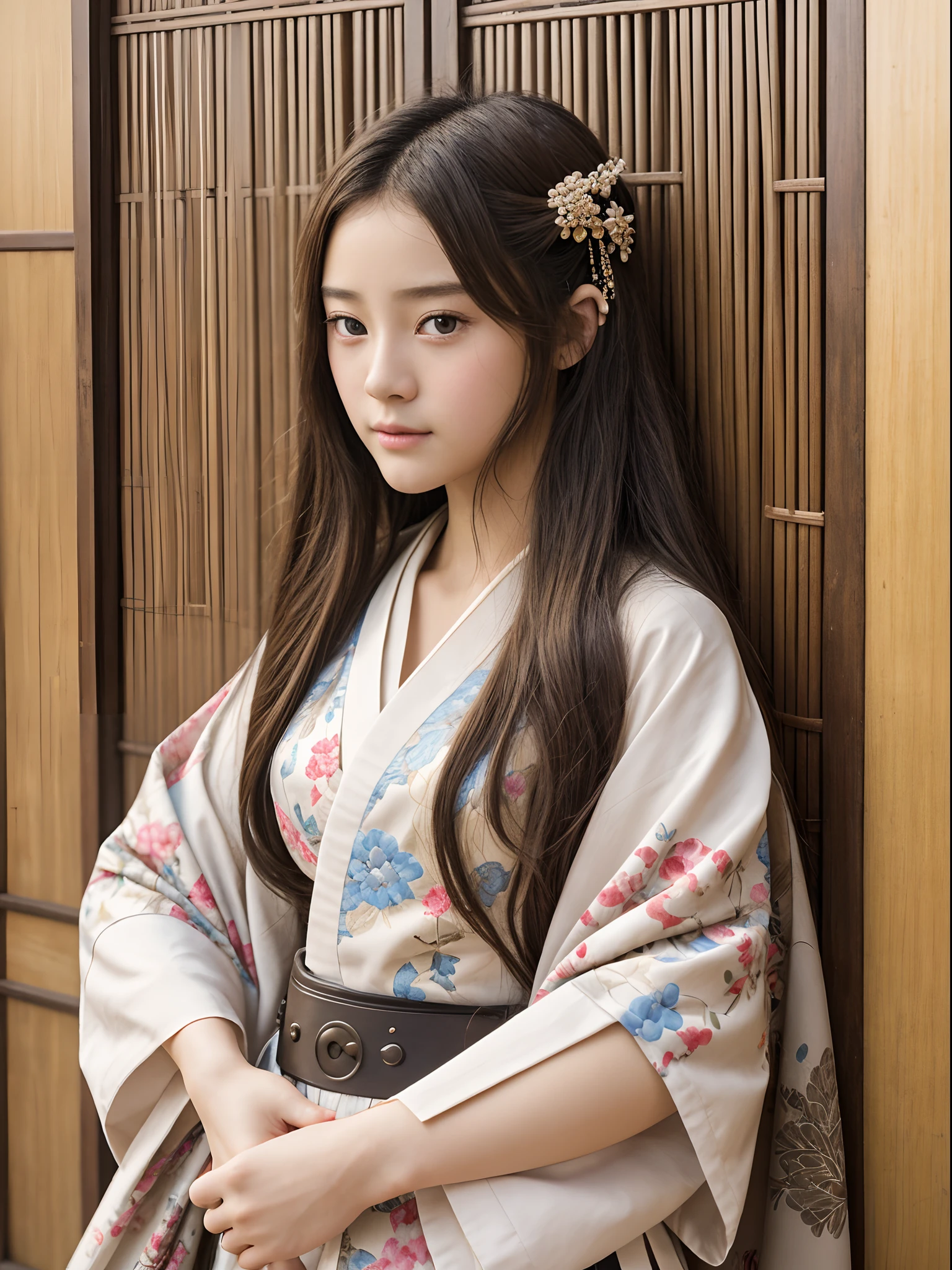 Best quality, Masterpiece, high resolution, Original, highly detailed wallpaper, Beauty 、teens girl、Real Human、Authentic、Old photos、bit girl、Japan antiquity、Heian period、Twelve vests,12 single kimono、screen、curtain、realness、Background depth of field