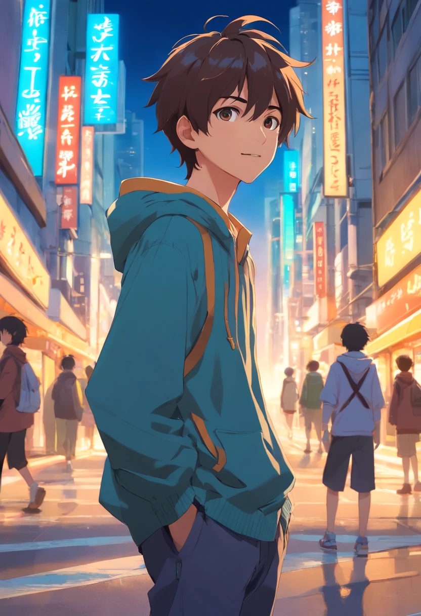 A boy, transformed into an anime style, with exaggerated unique facial features and clothing, standing on a bustling city street, backlit background highlighting the subject, high-contrast colors, 4K high-definition quality，young, smiling, handsome