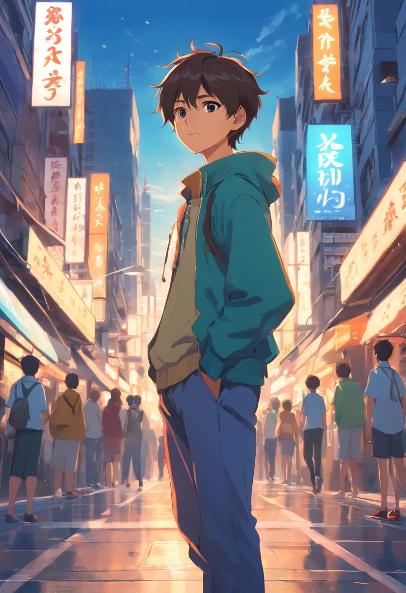A boy, transformed into an anime style, with exaggerated unique facial features and clothing, standing on a bustling city street, backlit background highlighting the subject, high-contrast colors, 4K high-definition quality，young, smiling, handsome