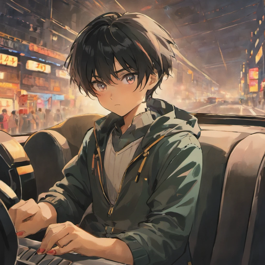 Black-haired protagonist boy、guido、drivers seat